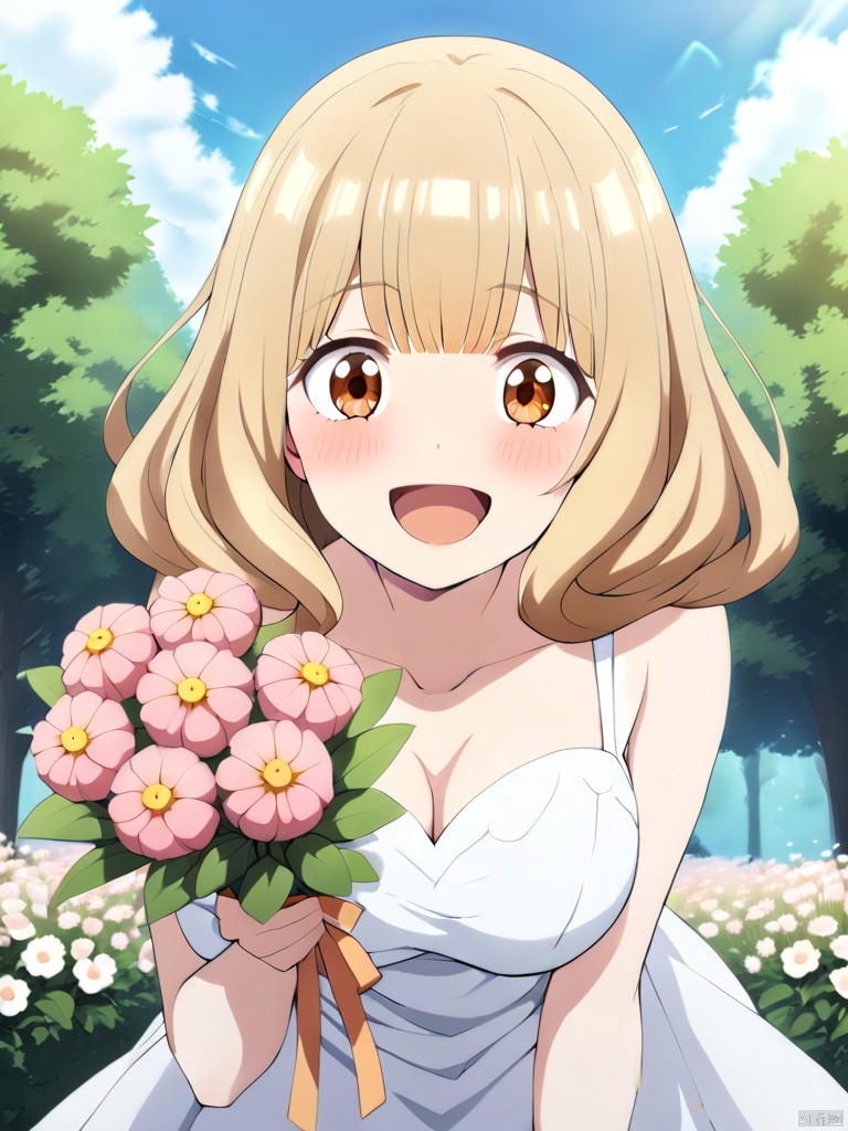 ,MAtsss,1girl,  Solo, long_ air, looking.at_viewer, blush, smile, open_ mouth, wind, a bouquet of flowers, big eyes, upper body, close-up, frontal view, cheek support, standing, laughing, wavy roll, dress, waving, detail enhancement, clarity enhancement, extremely high resolution, adding details