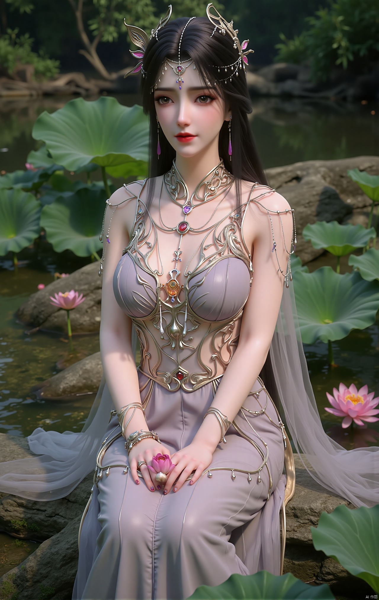 masterpiece,1girl,black hair,(Sitting by the lotus pond in the garden:1.3),(hanfu dress:1.3),black eyes,beautiful face,short sleeves,holding flower,looking at viewer,(huge breasts:2.79),(full breasts:1.99),Xzhaoliner,Xyaoxi,Xsulingyun,XyunluoX,Xhenrendadi,Xlannuo,Xlongnv,Xruoshui,XyunluoH,Xyuzimo,Xliuyue,Xlimuwanx,Xhongdie,Xyanqingcheng,Xqinghe,XyunxiX,XshengcaierX,Xdacishuwang,Xzhukeer,Xqinghanfu,Xyupopo