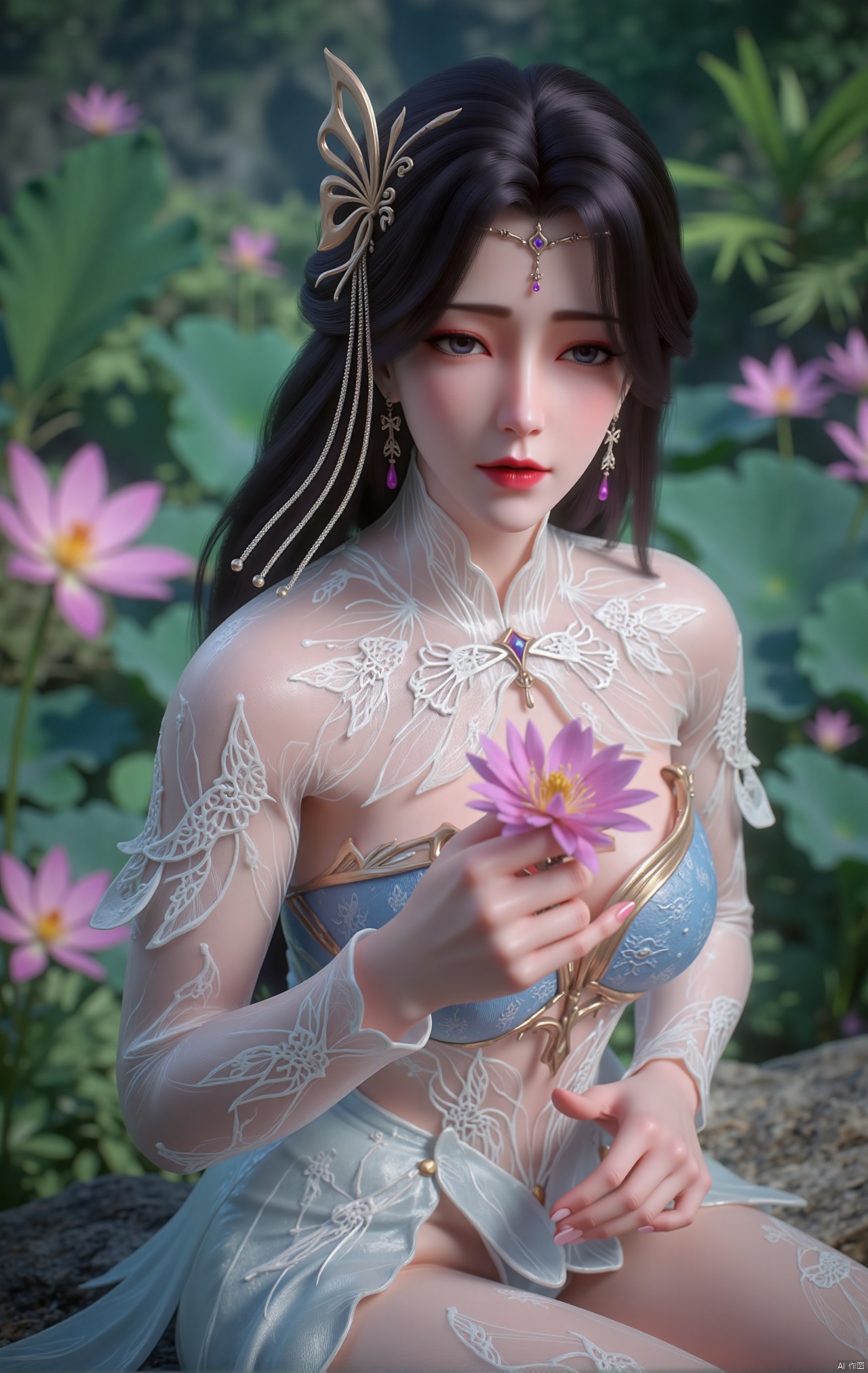  masterpiece,1girl,black hair,(Sitting by the lotus pond in the garden:1.3),(hanfu dress:1.3),black eyes,beautiful face,short sleeves,holding flower,looking at viewer,(huge breasts:2.79),(full breasts:1.99),Xzhaoliner,Xyaoxi,Xsulingyun,XyunluoX,Xhenrendadi,Xlannuo,Xlongnv,Xruoshui,XyunluoH,Xyuzimo,Xliuyue,Xlimuwanx,Xhongdie,Xyanqingcheng,Xqinghe,XyunxiX,XshengcaierX,Xdacishuwang,Xzhukeer,Xqinghanfu,Xyupopo