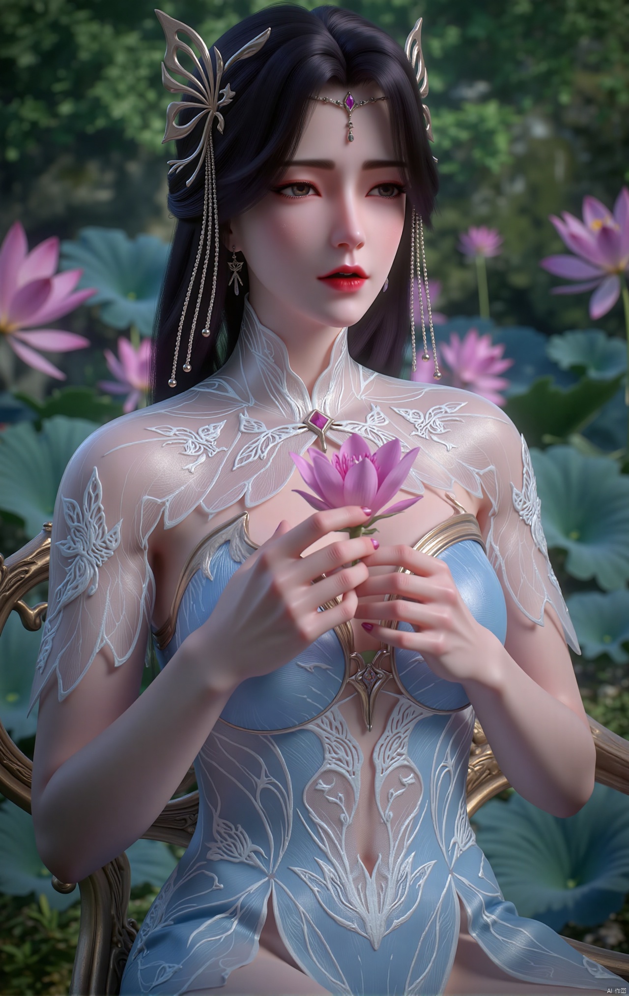  masterpiece,1girl,black hair,(Sitting by the lotus pond in the garden:1.3),(hanfu dress:1.3),black eyes,beautiful face,short sleeves,holding flower,looking at viewer,(huge breasts:2.79),(full breasts:1.99),Xzhaoliner,Xyaoxi,Xsulingyun,XyunluoX,Xhenrendadi,Xlannuo,Xlongnv,Xruoshui,XyunluoH,Xyuzimo,Xliuyue,Xlimuwanx,Xhongdie,Xyanqingcheng,Xqinghe,XyunxiX,XshengcaierX,Xdacishuwang,Xzhukeer,Xqinghanfu,Xyupopo