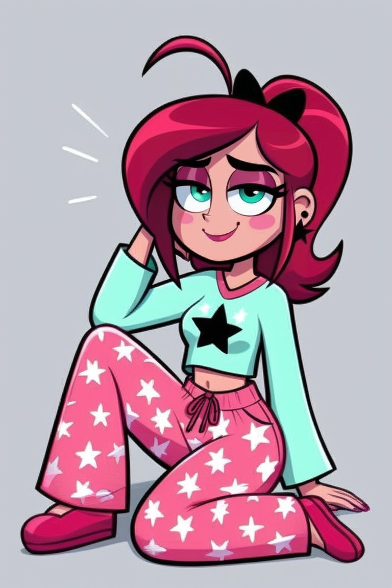 A whimsical scene unfolds: A woman lounges on a plush,  crimson couch,  donning vibrant pink and black star-print pajamas....
