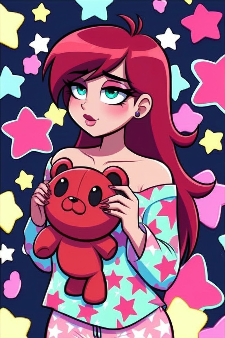 A whimsical scene unfolds: A woman lounges on a plush,  crimson couch,  donning vibrant pink and black star-print pajamas....