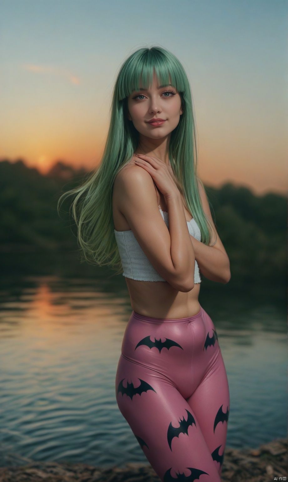 score_9, score_8_up, score_7_up, Cowboy Shot, Morrigan Aensland, cute, seductive, innocent, light smile:0.3, plump lips, slender body, long green hair, bangs, floating hair, bat wings, pink tights with bat prints, sunset, lake background, 4n1v3rs3, depth of field, dynamic angle, fashion photography, sharp, hyperdetailed:1.15