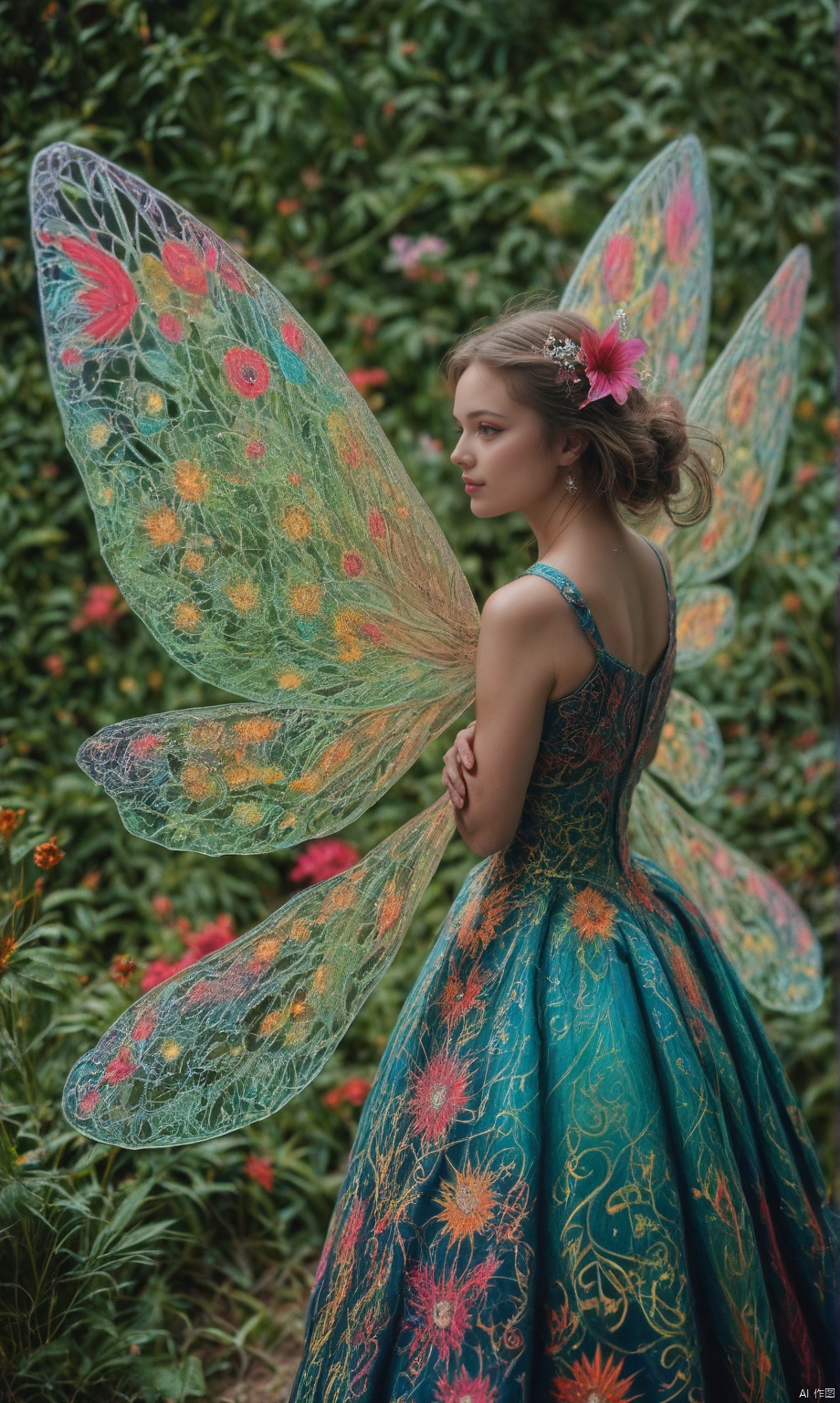 score_9, score_8_up, score_7_up, photo, (1girl), (long exposure:1.2),dynamic streaks, extreme detailed,(fractal design:1.3),colorful,highest detailed,chiffon dress,jewelry,flower,fairy,wings on her back,upper body, 35mm film photography, realist