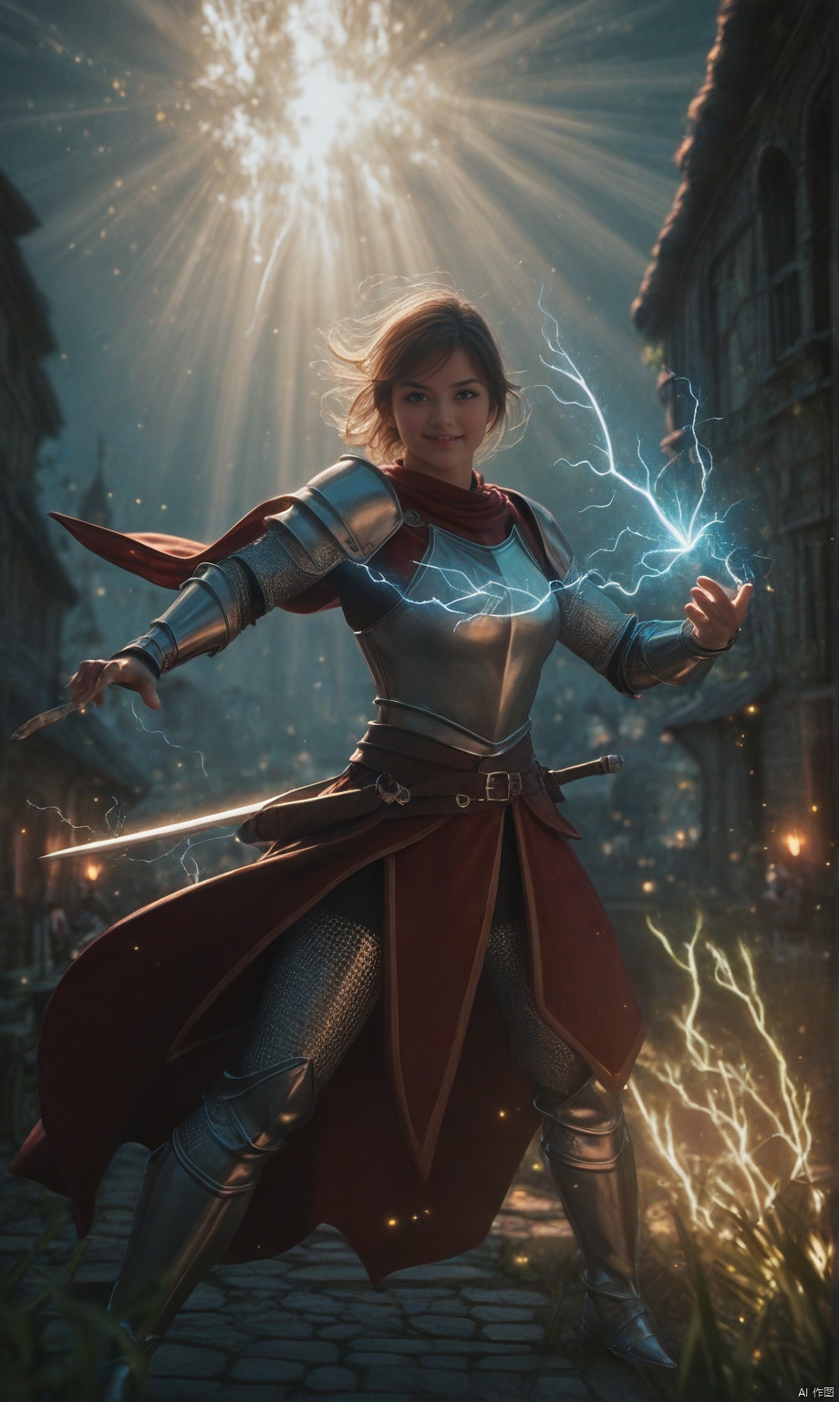 score_9, score_8_up, score_7_up, zPDXL, fantasy, (magic), adventurer, village, , female, smirk, , , holding weapon , knight , , hero, action pose, dramatic lightning, godrays, light particles, light light rays, sunbeam, 35mm film photography