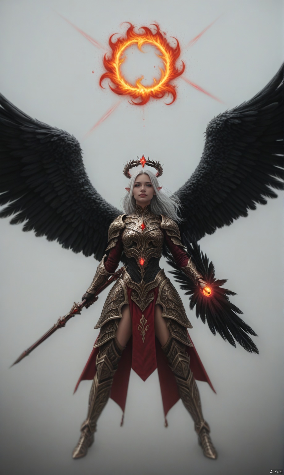 Highly detailed and dramatic digital artwork featuring a dark, angelic woman with a dramatic and dynamic composition flying in the air. The angel is a gorgeous female with pale gray skin and sharp, angular facial features, including pointed ears and glowing red eyes. The angel is adorned in dark, intricately detailed armor with fiery accents, and a halo of flames encircles her silver hair. Large, black wings with red-tipped feathers extend from her back, creating a sense of movement and power. The background is a stormy sky with silhouettes of twisted branches, enhancing the ominous atmosphere. The overall color palette is dominated by dark grays, blacks, and fiery reds, contributing to the intense and mystical theme., 35mm film photography,score_9, score_8_up, score_7_up, realist