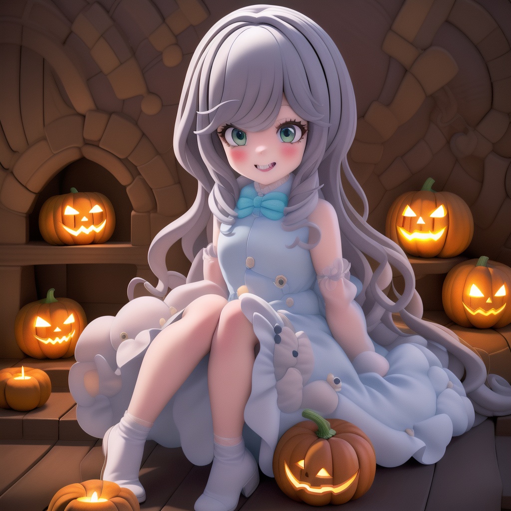 Amidst the enchanting shadows of a haunted forest,  a charming girl dressed as a tiny witch,  her costume adorned with gli...