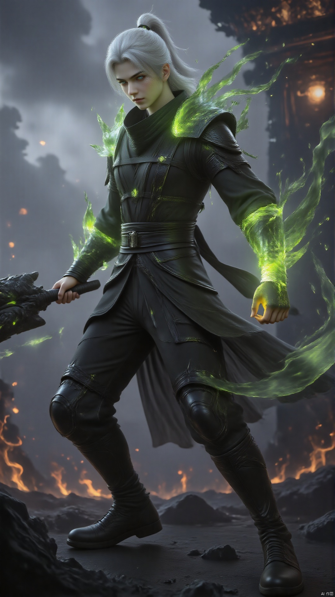 A boy wearing black clothes. White hair added a touch of color to the scene. His clothing is decorated with black knee pads and black boots, highlighting his entire outfit. Blue eyes, and his hair is light golden. The background is dark gray with a few thin clouds in the sky, adding depth to the composition. This scene is set against the backdrop of fire and rocks. Tall, holding a weapon in his right hand. Her whole body was emitting emerald green flames. Her eyes were emitting emerald green flames. Combat posture, dynamic posture.
