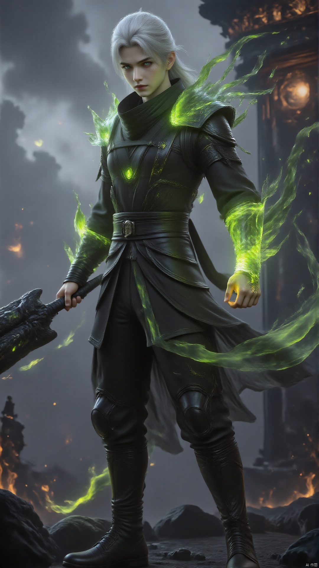 A boy wearing black clothes. White hair added a touch of color to the scene. His clothing is decorated with black knee pads and black boots, highlighting his entire outfit. Blue eyes, and his hair is light golden. The background is dark gray with a few thin clouds in the sky, adding depth to the composition. This scene is set against the backdrop of fire and rocks. Tall, holding a weapon in his right hand. Her whole body was emitting emerald green flames. Her eyes were emitting emerald green flames. Combat posture, dynamic posture.
