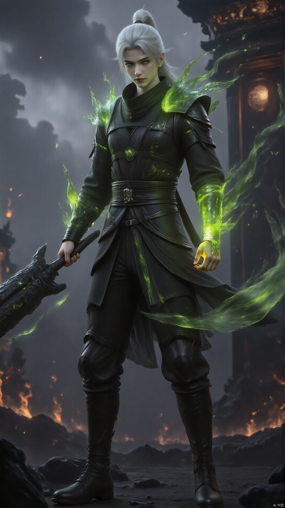 A boy dressed in black ancient costume. White hair added a touch of color to the scene. Wearing black boots accentuated his entire outfit. Blue eyes. The background is dark gray with a few thin clouds in the sky, adding depth to the composition. This scene is set against the backdrop of fire and rocks. Tall, holding a weapon in his right hand. Her whole body was emitting emerald green flames. Her eyes were emitting emerald green flames. Combat posture, dynamic posture.