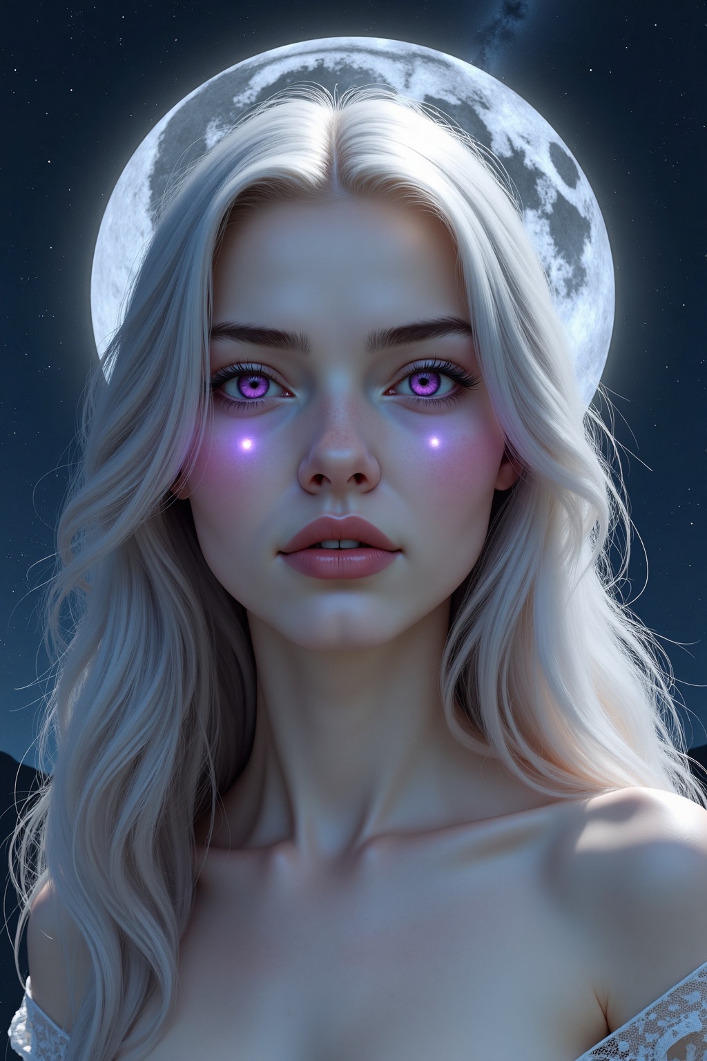 A close-up of a young woman with pale skin and long,  flowing silver hair. She has large,  deep purple eyes that seem to s...