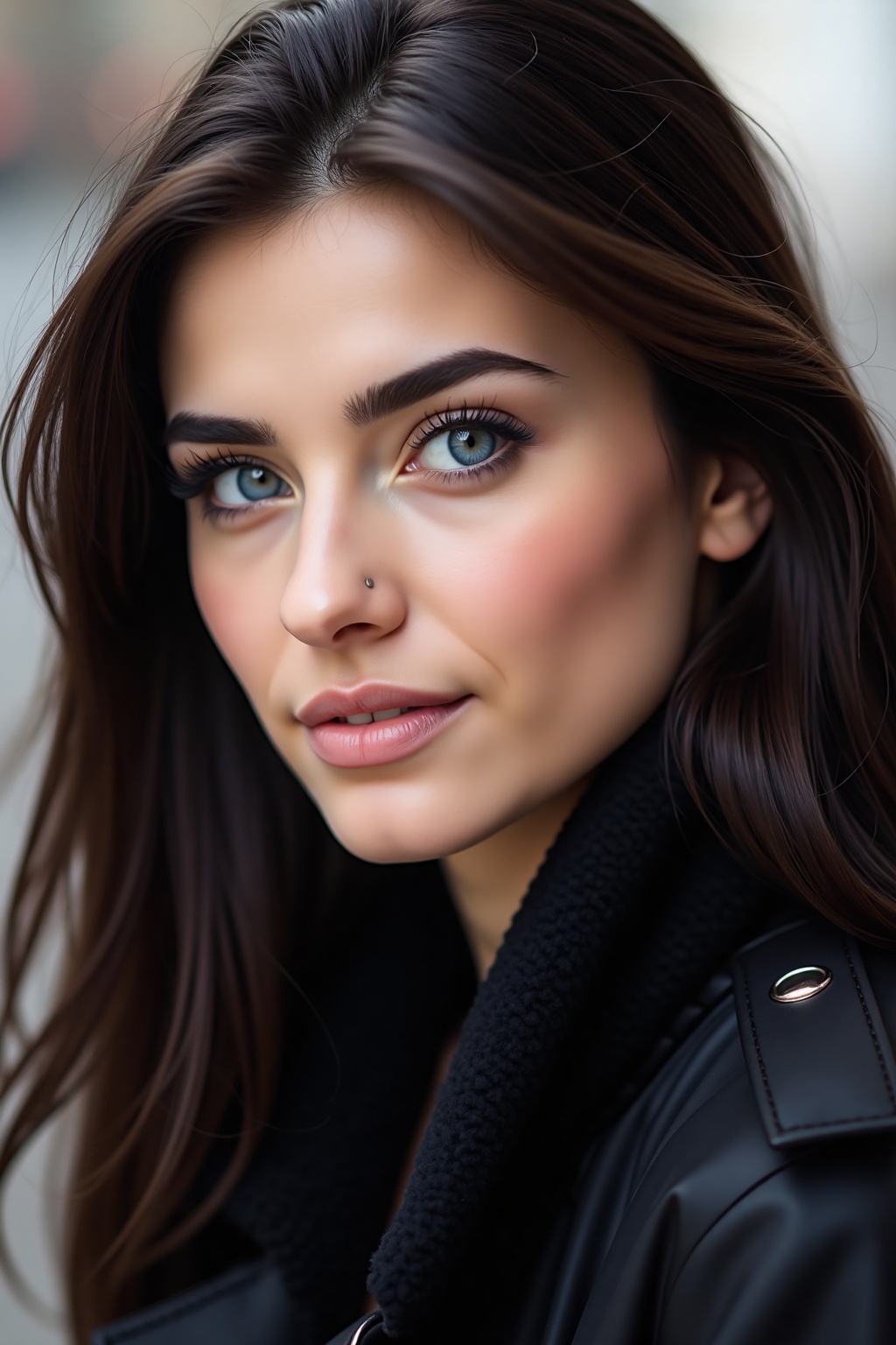 A close-up portrait of a woman with long dark brown hair and blue eyes. Her eyes are a piercing blue and her eyebrows are...