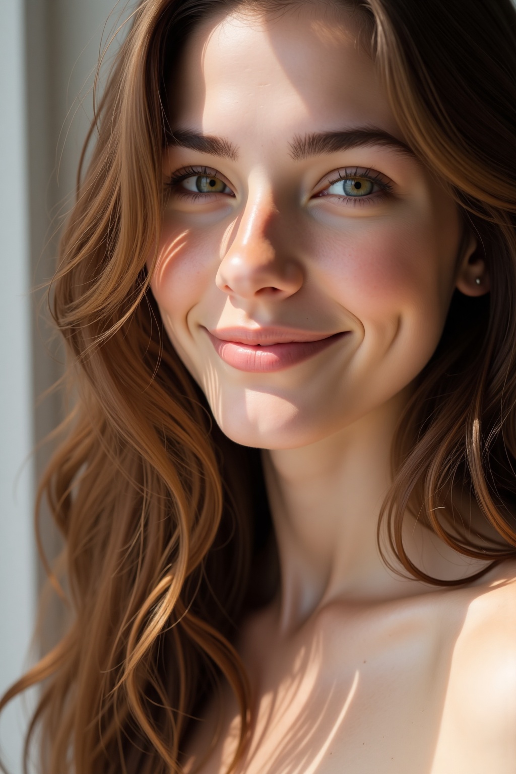 A close-up of a young woman with fair skin and long,  wavy brown hair. She has a gentle smile and her eyes are half-closed...