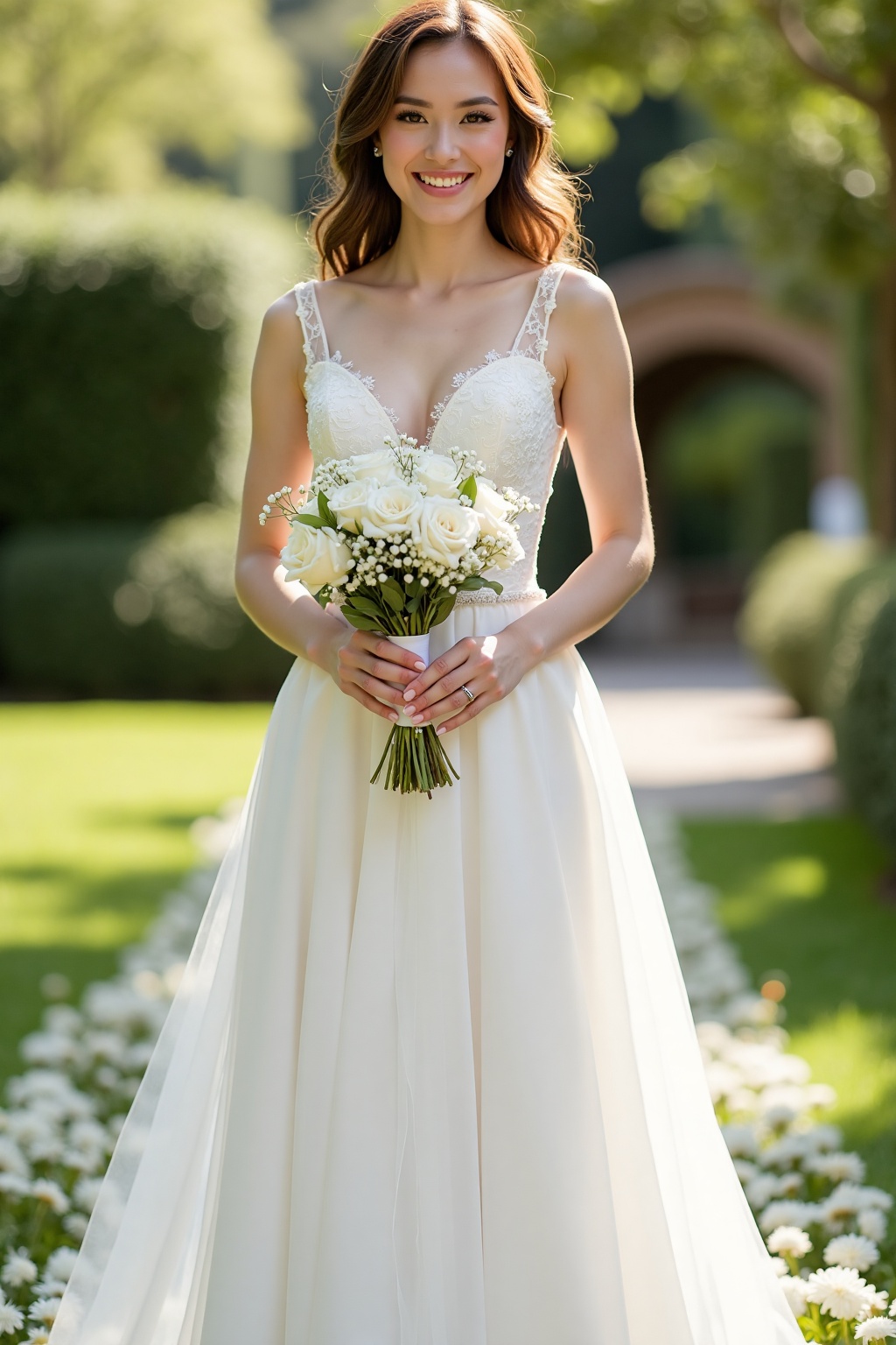 A full-body image of a young woman standing in a sunlit garden. She is wearing a white,  lace wedding dress with a fitted...