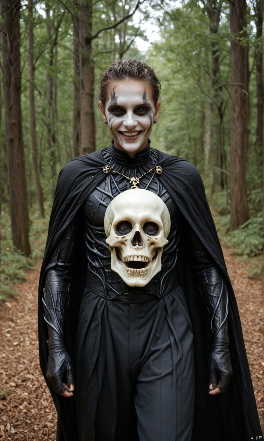 Close-up of the head from above, anime style, symmetrical composition The picture is separated from the two sides, the picture on the left is a man, the picture on the right is a skeleton, there is a lightning special effect in the middle, the man is wearing a hat, wearing a luxurious black evening dress, with a skull necklace and earrings, short black wavy hair, smiling gaze, a sinister and terrifying expression, the skeleton on the right is open and laughing, with a golden necklace, wearing a black suit cape, Halloween elements, outdoor forest on a Halloween night, scary and eerie feeling, art, texture, brushstrokes,oil painting,score_9, score_8_up, score_7_up, realist, 35mm film photography
