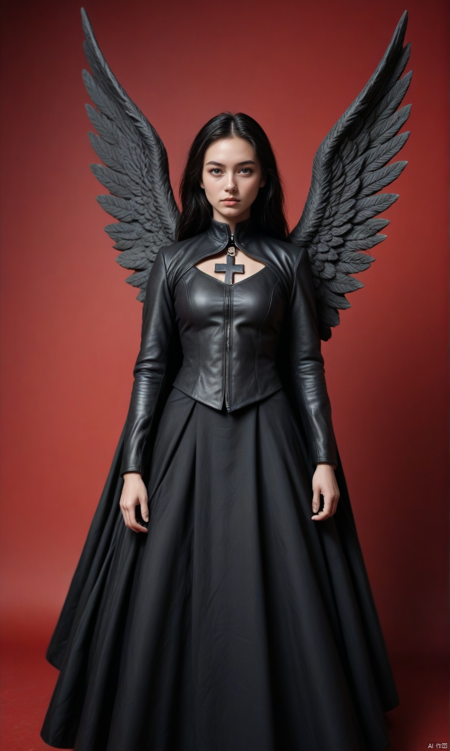 ultra detailed, high resolution, high quality, masterpiece, intricate details, japanese_woman, long_black_hair, leather_jacket, intense_expression, red_background, white_cross, supernatural_figures, dark_fantasy, demon-like_figures, angelic_statues, surrealism, dark_aesthetic, high_contrast, powerful_posture, mysterious_energy. Illustrate A profile striking Japanese woman with long, jet-black hair stands confidently at the center, wearing a sleek, form-fitting black leather jacket with a high collar, dark gloves, and blue jeans. she holding red sword, Her expression is intense, with a sense of power and mystery. She stands against a dramatic, symbolic background in red and black tones. Behind her, a large, white cross shape contrasts with the deep red backdrop, surrounded by ominous, shadowy figures and angelic statues. The figures include haunting, demon-like faces, angelic wings, and abstract, surreal shapes, all colored in a vivid red that conveys tension and otherworldly energy. The scene has a dark, gritty aesthetic with strong shadows, high contrast, and a surreal, supernatural vibe. The woman’s posture exudes strength and resilience, grounded in a setting that blends realism with dark fantasy, dark atmosphere with contrasting shadows, highly detailed anime style.,score_9, score_8_up, score_7_up, realist, 35mm film photography