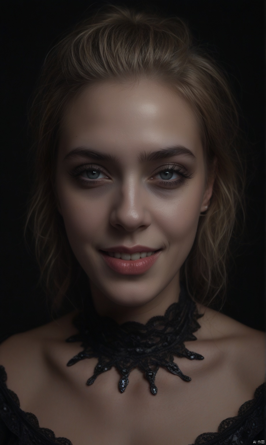 This is a highly detailed, realistic digital painting depicting a beautiful goth woman, half human, sinister clown. her left side is beautiful and graceful, she has blond hair and green eyes, everything looks human on her left side with a touch of gohtic makeup.
on the right side, her clown sinister face shows, with black tears.
her sinister clown side smiles maniacally, while your human side radiates a charming smile