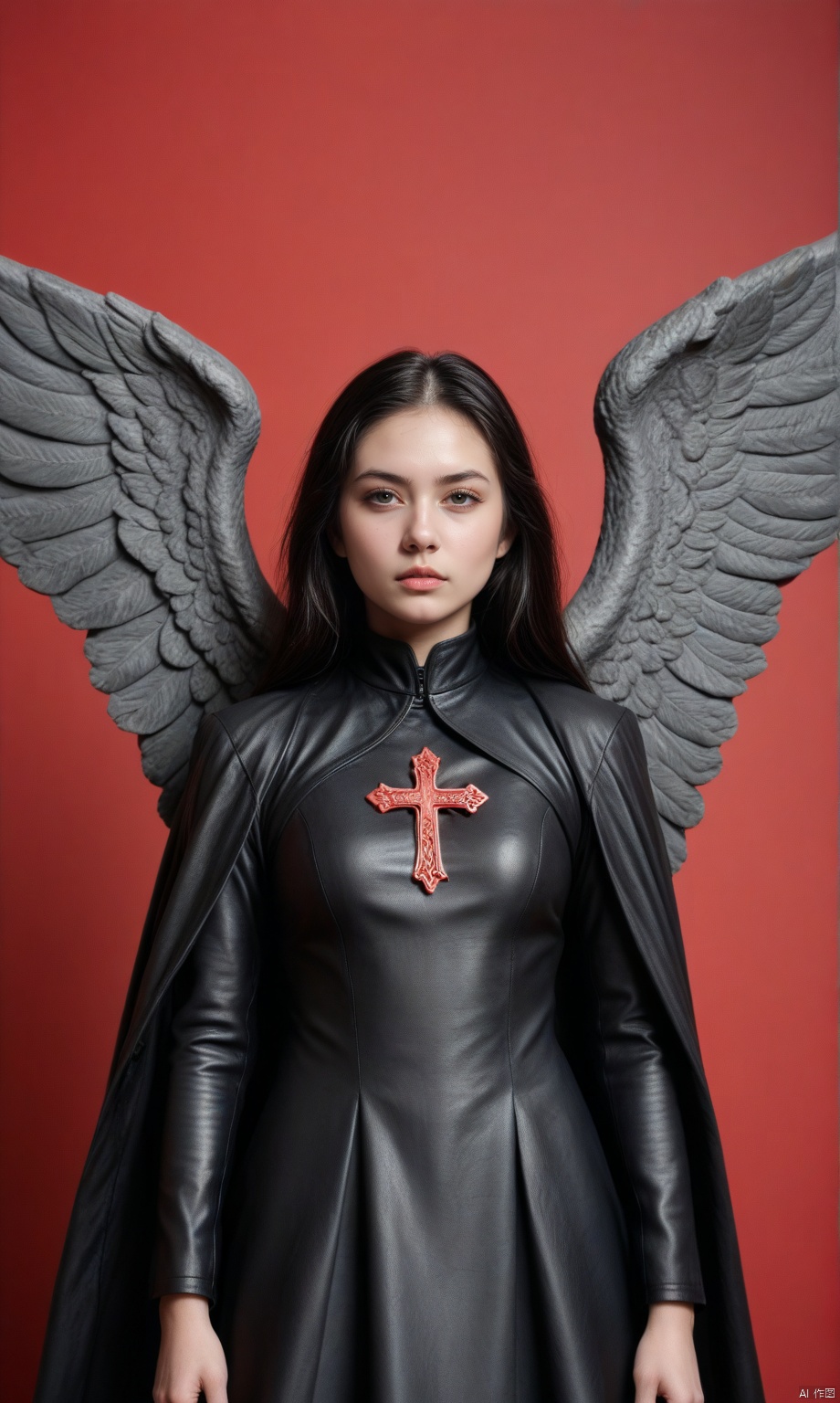 ultra detailed, high resolution, high quality, masterpiece, intricate details, japanese_woman, long_black_hair, leather_jacket, intense_expression, red_background, white_cross, supernatural_figures, dark_fantasy, demon-like_figures, angelic_statues, surrealism, dark_aesthetic, high_contrast, powerful_posture, mysterious_energy. Illustrate A profile striking Japanese woman with long, jet-black hair stands confidently at the center, wearing a sleek, form-fitting black leather jacket with a high collar, dark gloves, and blue jeans. she holding red sword, Her expression is intense, with a sense of power and mystery. She stands against a dramatic, symbolic background in red and black tones. Behind her, a large, white cross shape contrasts with the deep red backdrop, surrounded by ominous, shadowy figures and angelic statues. The figures include haunting, demon-like faces, angelic wings, and abstract, surreal shapes, all colored in a vivid red that conveys tension and otherworldly energy. The scene has a dark, gritty aesthetic with strong shadows, high contrast, and a surreal, supernatural vibe. The woman’s posture exudes strength and resilience, grounded in a setting that blends realism with dark fantasy, dark atmosphere with contrasting shadows, highly detailed anime style.,score_9, score_8_up, score_7_up, realist, 35mm film photography