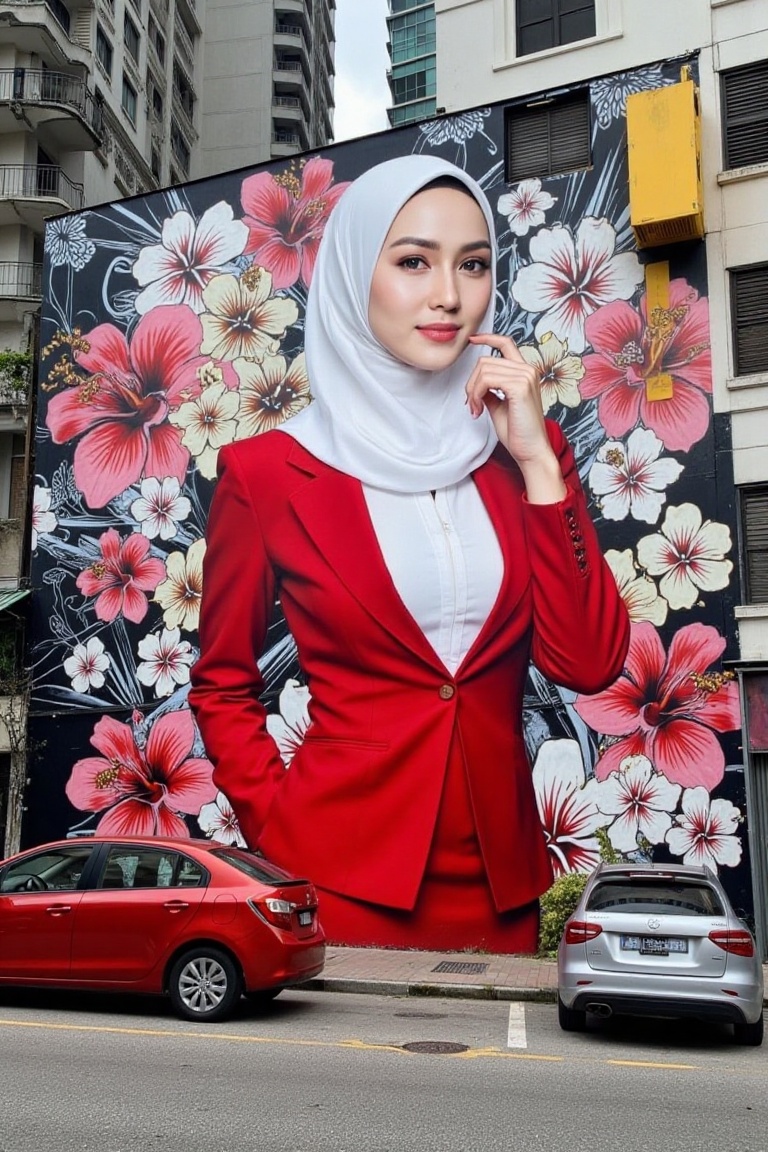 Design a dynamic graffiti mural in Kuala Lumpur featuring a bold hibiscus theme. The artwork should exude energy with its...