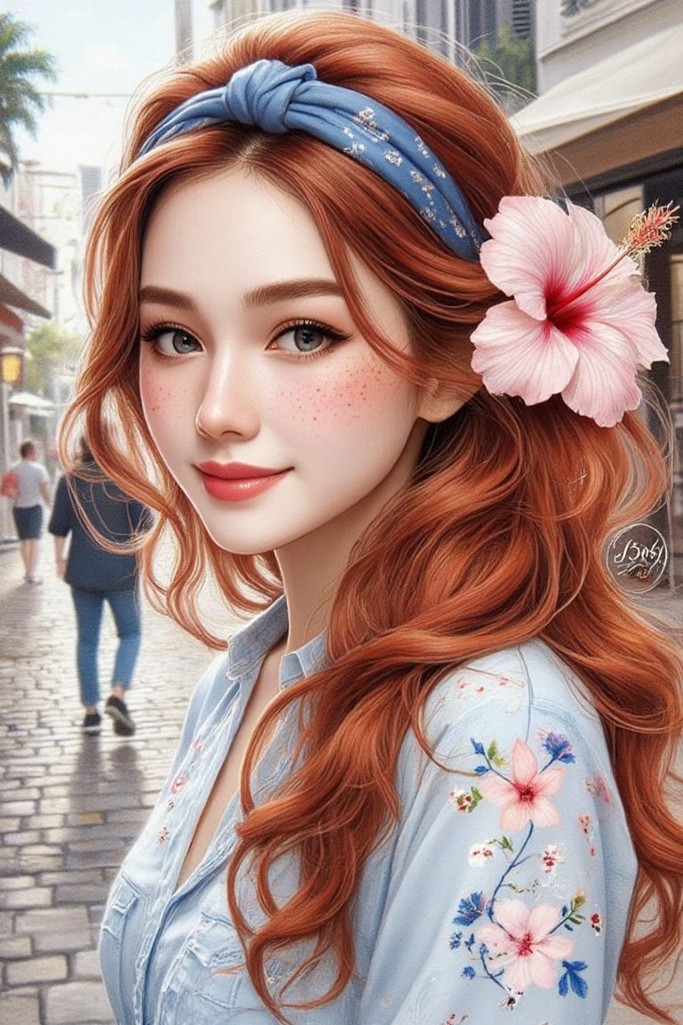 Create a whimsical and vibrant portrait of a red-haired woman with a hibiscus flower tucked behind her ear and a playful b...