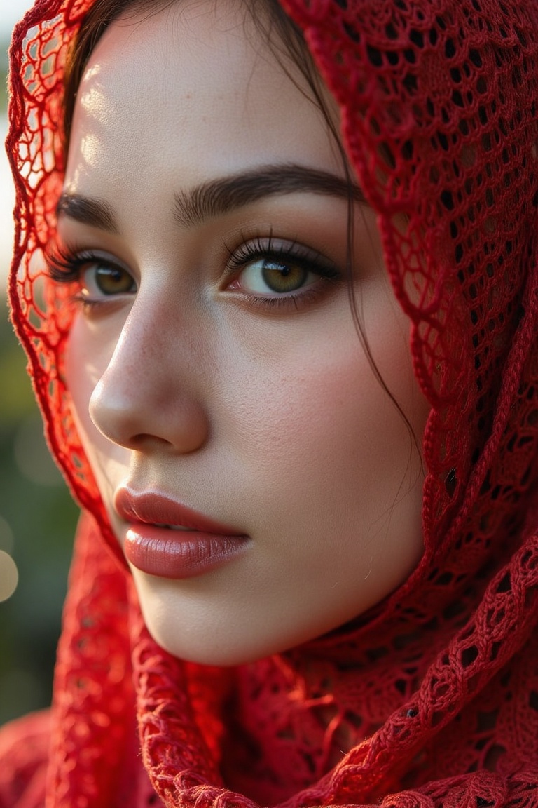 side view close up portrait of a young Malay woman with red knitted long hijab cover chest. Her eyes are a piercing hazel...