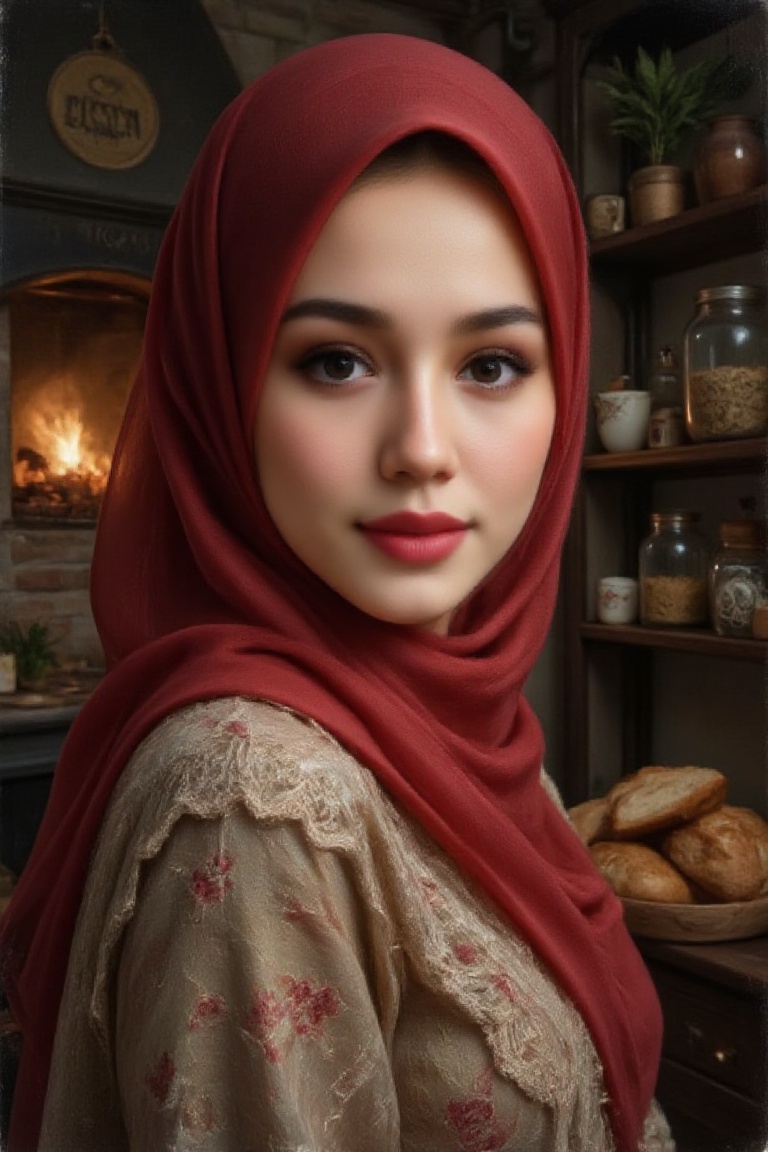 A richly textured oil painting featuring two complementary subjects: a warm,  inviting French kitchen and a close-up portr...
