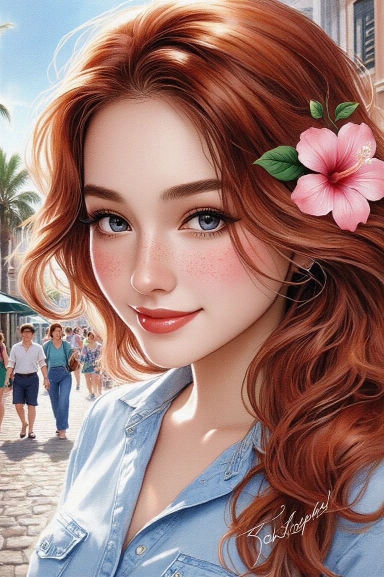 Create a whimsical and vibrant portrait of a red-haired woman with a hibiscus flower tucked behind her ear and a playful b...