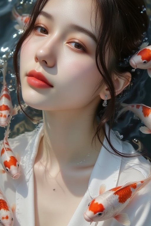 a hyper-realistic digital artwork of a young woman submerged in water,  with her face partially emerging above the surface...