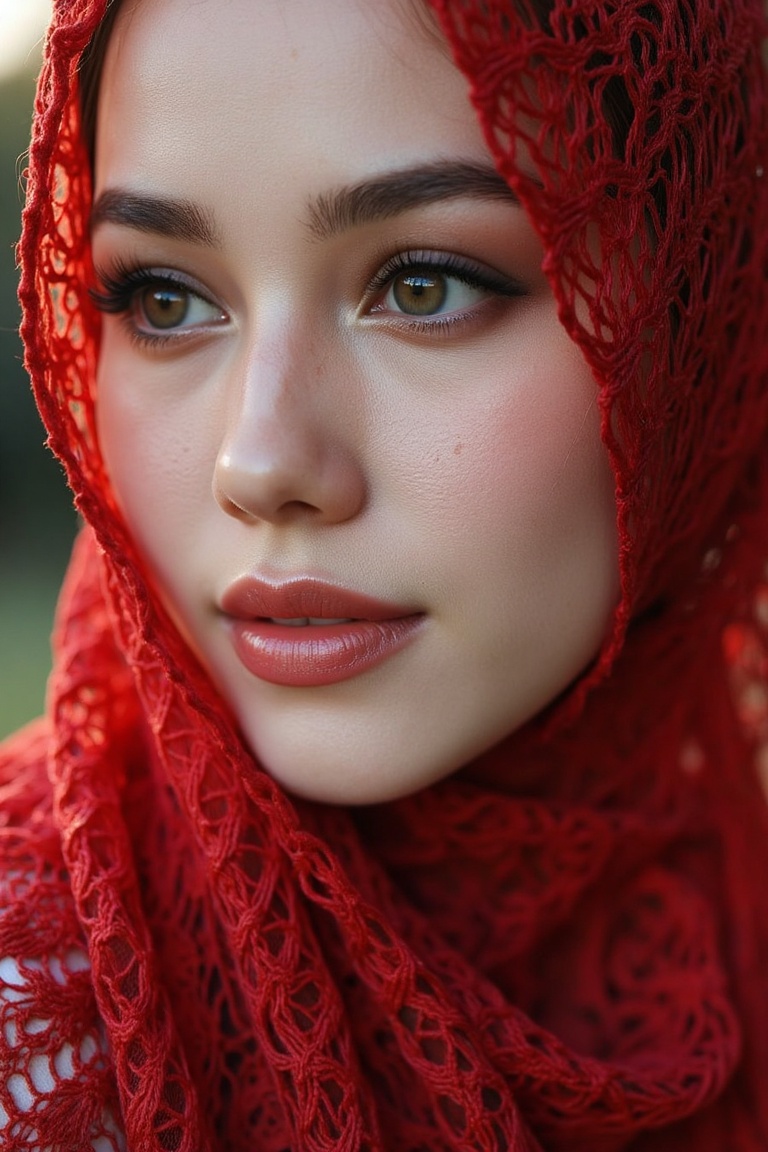 side view close up portrait of a young Malay woman with red knitted long hijab cover chest. Her eyes are a piercing hazel...