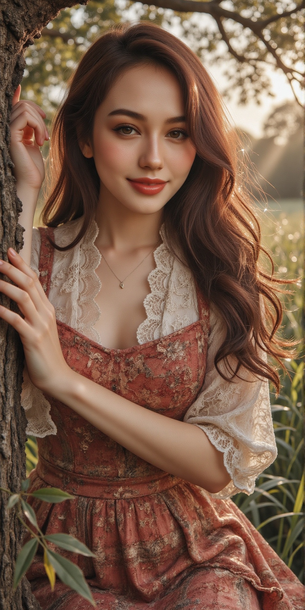 a detailed and vibrant digital portrait of a curvaceous massive chest and rear young woman leaning against a tree,  her ar...