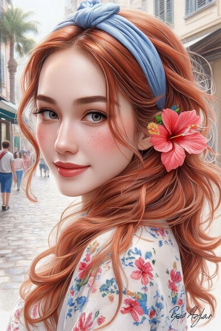 Create a whimsical and vibrant portrait of a red-haired woman with a hibiscus flower tucked behind her ear and a playful b...