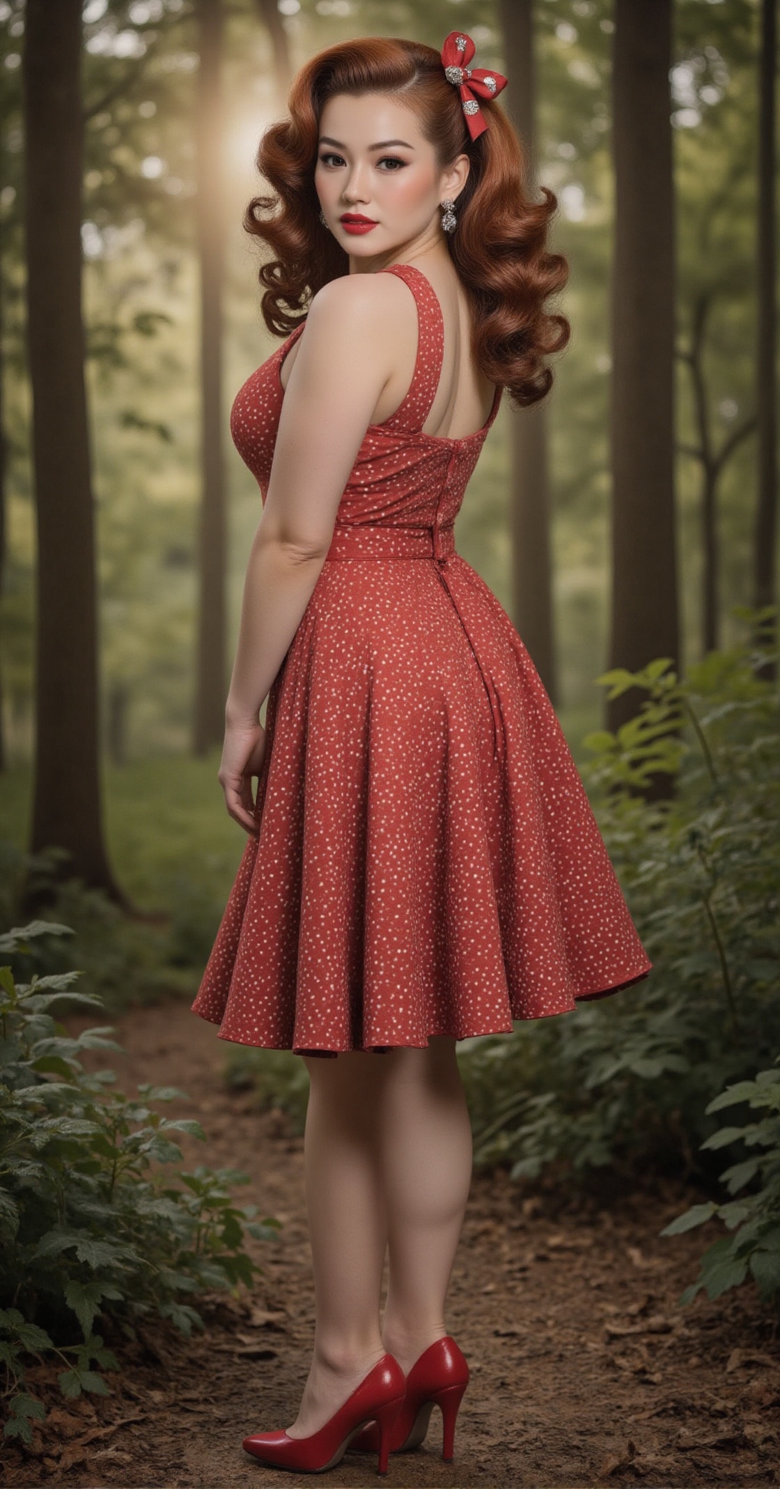 a side-view full-body portrait of a curvy young woman with perfect anatomy and hands,  depicted in a fantasy manhwa style....
