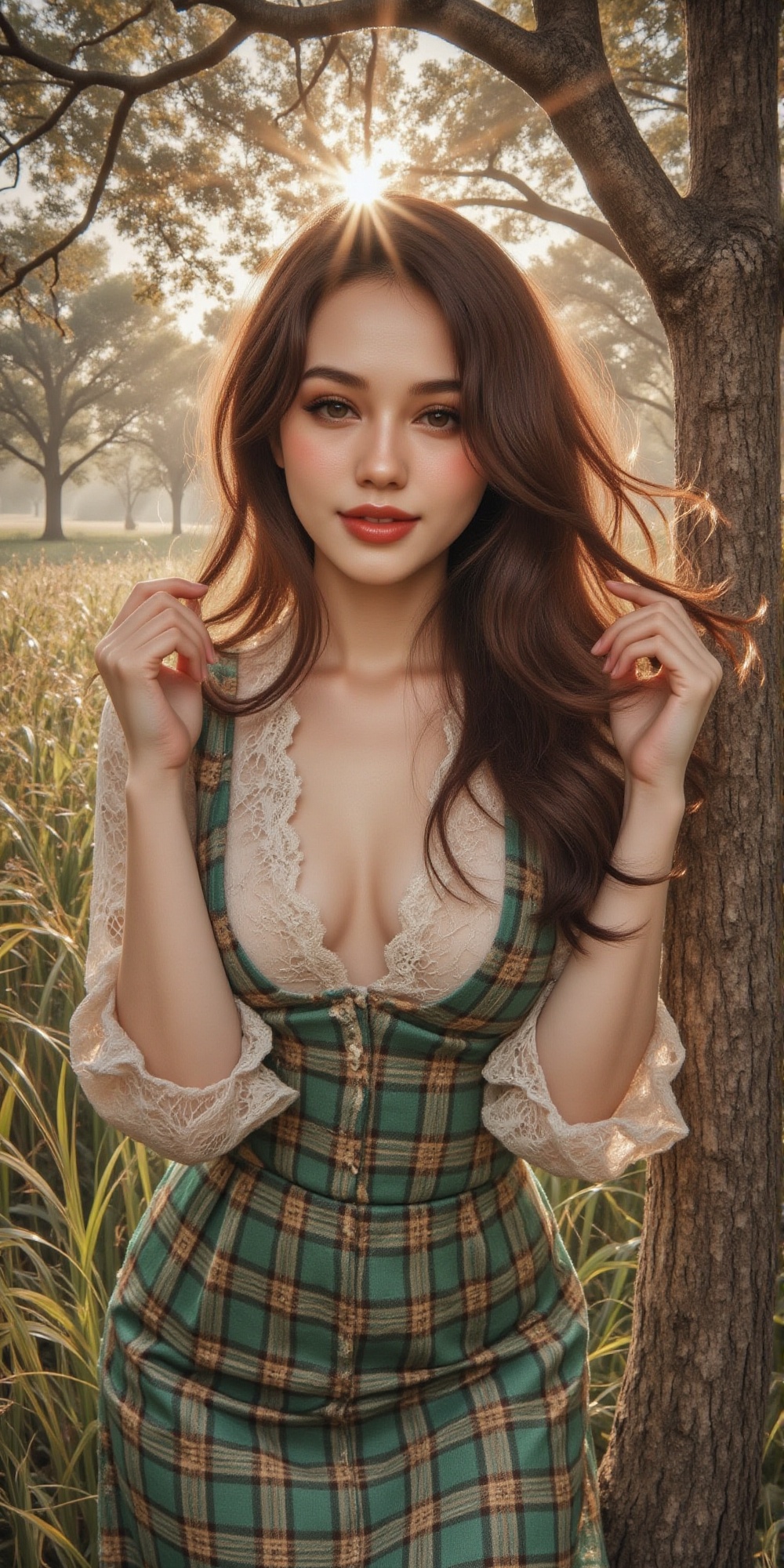 a detailed and vibrant digital portrait of a curvaceous massive chest and rear young woman leaning against a tree,  her ar...