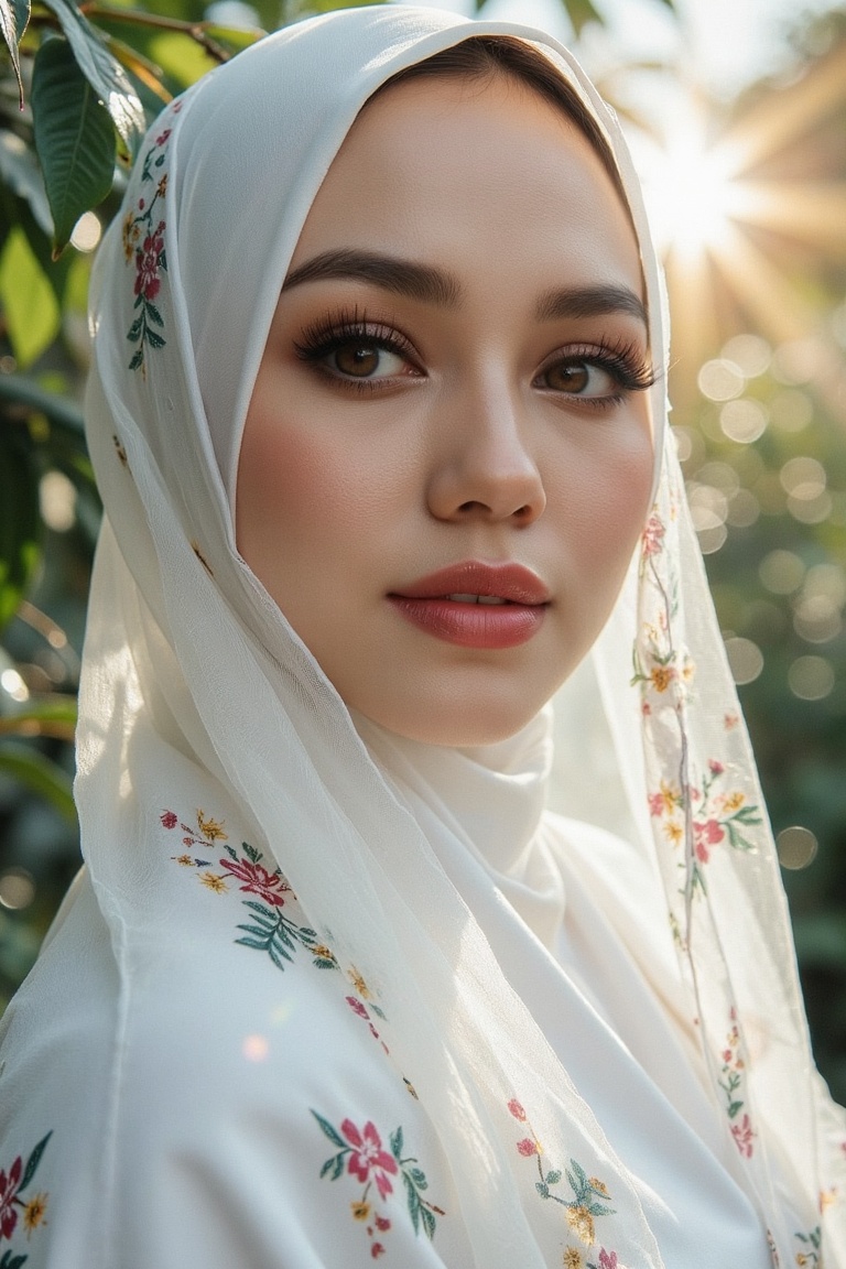 Wcol style. Narrow viewing angle. Portrait of a 30-year-old Malay girl in close-up,  wearing hijab that elegantly frames h...