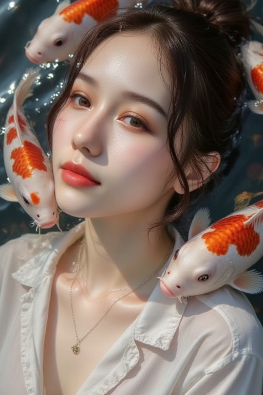 a hyper-realistic digital artwork of a young woman submerged in water,  with her face partially emerging above the surface...