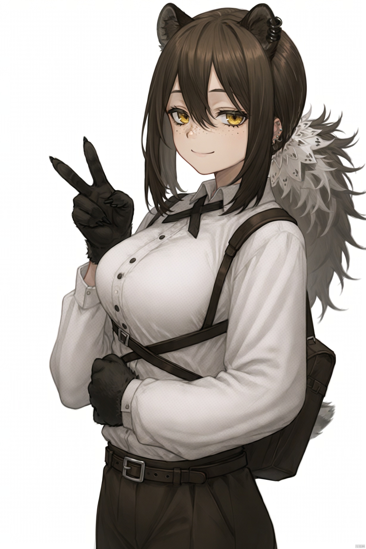 1girl, solo, long hair, breasts, looking at viewer, smile, simple background, brown hair, shirt, long sleeves, white background, animal ears, hair between eyes, closed mouth, yellow eyes, white shirt, upper body, ponytail, cowboy shot, collared shirt, belt, hand up, v, piercing, polka dot, ear piercing, freckles, animal hands, raccoon ears, raccoon girl, cross tie,half-closed eyes