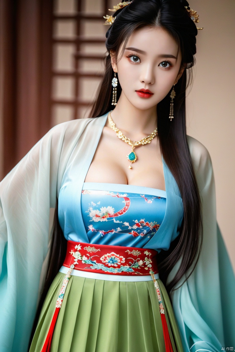 (photorealistic, best quality, ultra high res, extremely detailed eyes and face:1.3),(1girl, solo:1.3),skirt,jewelry,long_hair,necklace,earrings,perfect body,standing,large breasts,looking at viewer,chinese clothes,china dress,hanfu,