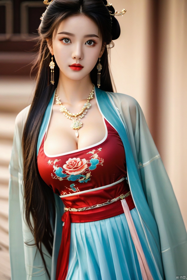 (photorealistic, best quality, ultra high res, extremely detailed eyes and face:1.3),(1girl, solo:1.3),skirt,jewelry,long_hair,necklace,earrings,perfect body,standing,large breasts,looking at viewer,chinese clothes,china dress,hanfu,
