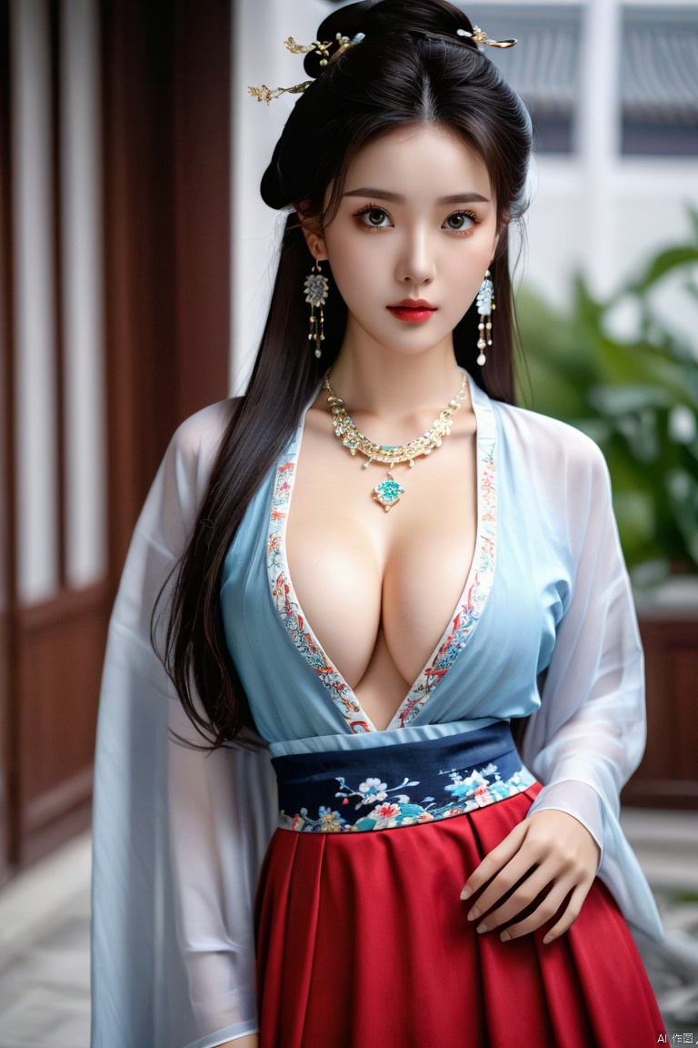 (photorealistic, best quality, ultra high res, extremely detailed eyes and face:1.3),(1girl, solo:1.3),skirt,jewelry,long_hair,necklace,earrings,perfect body,standing,large breasts,looking at viewer,chinese clothes,china dress,hanfu,