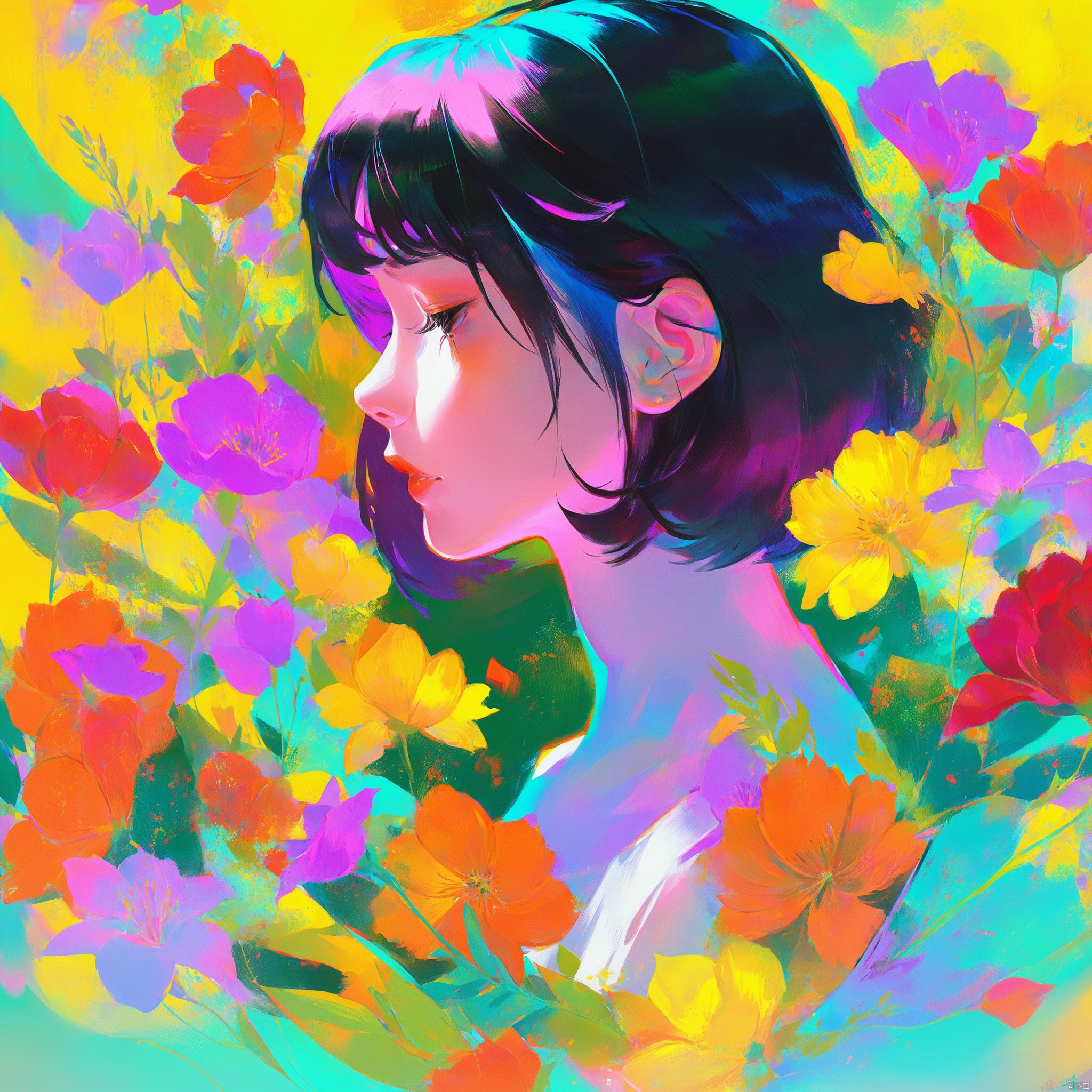  digital art illustration,数字艺术插画,女孩半身像,花朵环绕,分型艺术,炫彩,丰富颜色,