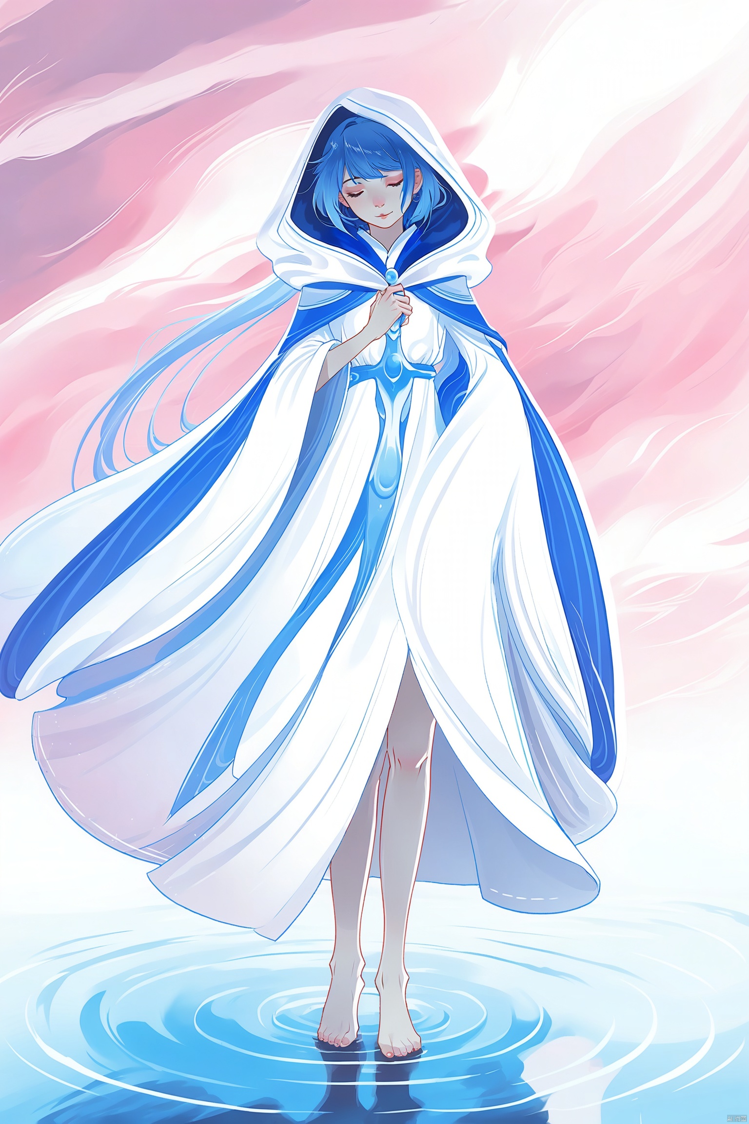 digital art illustration,Blue-haired anime character with a serene expression, wearing a flowing white dress with a blue cape, standing by the water under a soft pink sky, conveying a peaceful and mystical atmosphere.,
