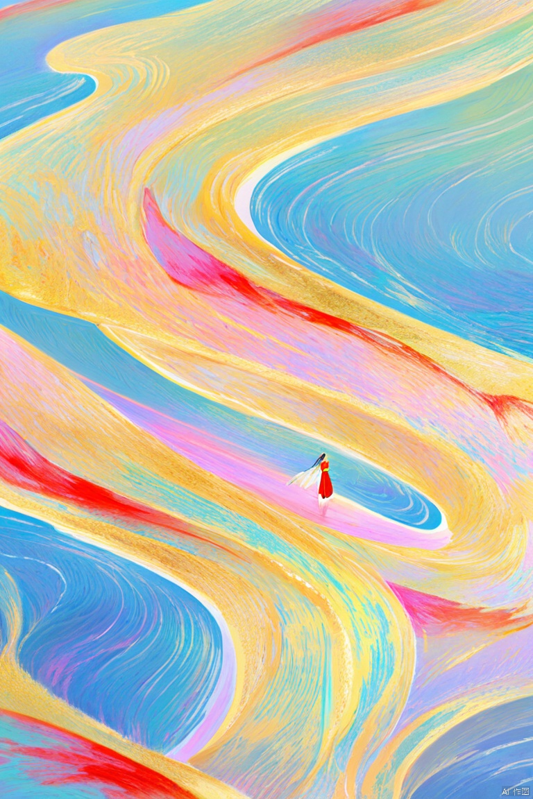  digital art illustration,微距摄影,五颜六色的流沙,金粉闪闪,充满流体质感,整体五彩斑斓,梦幻色调,柔和色彩,俯视角度,水纹清晰。在波浪之间站着一个红衣女子,场景宏大,人物远景