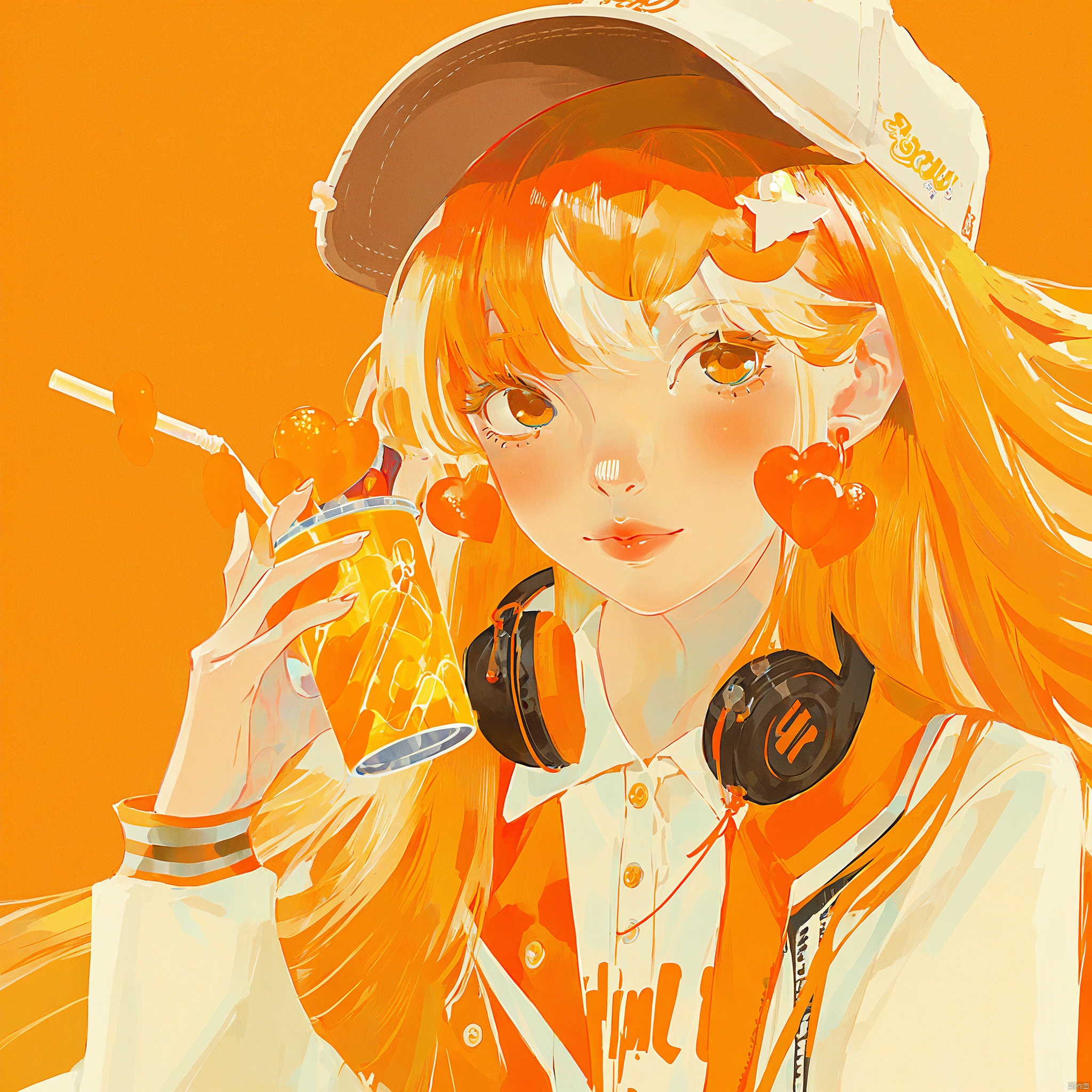 digital art illustration,as_chahu style,a close-up of a young girl with orange hair wearing a white and orange baseball cap. she is holding an orange drink with a straw and wearing black headphones around her neck. her outfit consists of an orange sleeveless shirt, and she has matching orange earrings in the shape of hearts. the background is a solid bright orange, which contrasts strongly with her light skin and the orange-themed accessories. the image is highly stylized, with vibrant colors and clean lines, giving it a modern and cheerful feel.