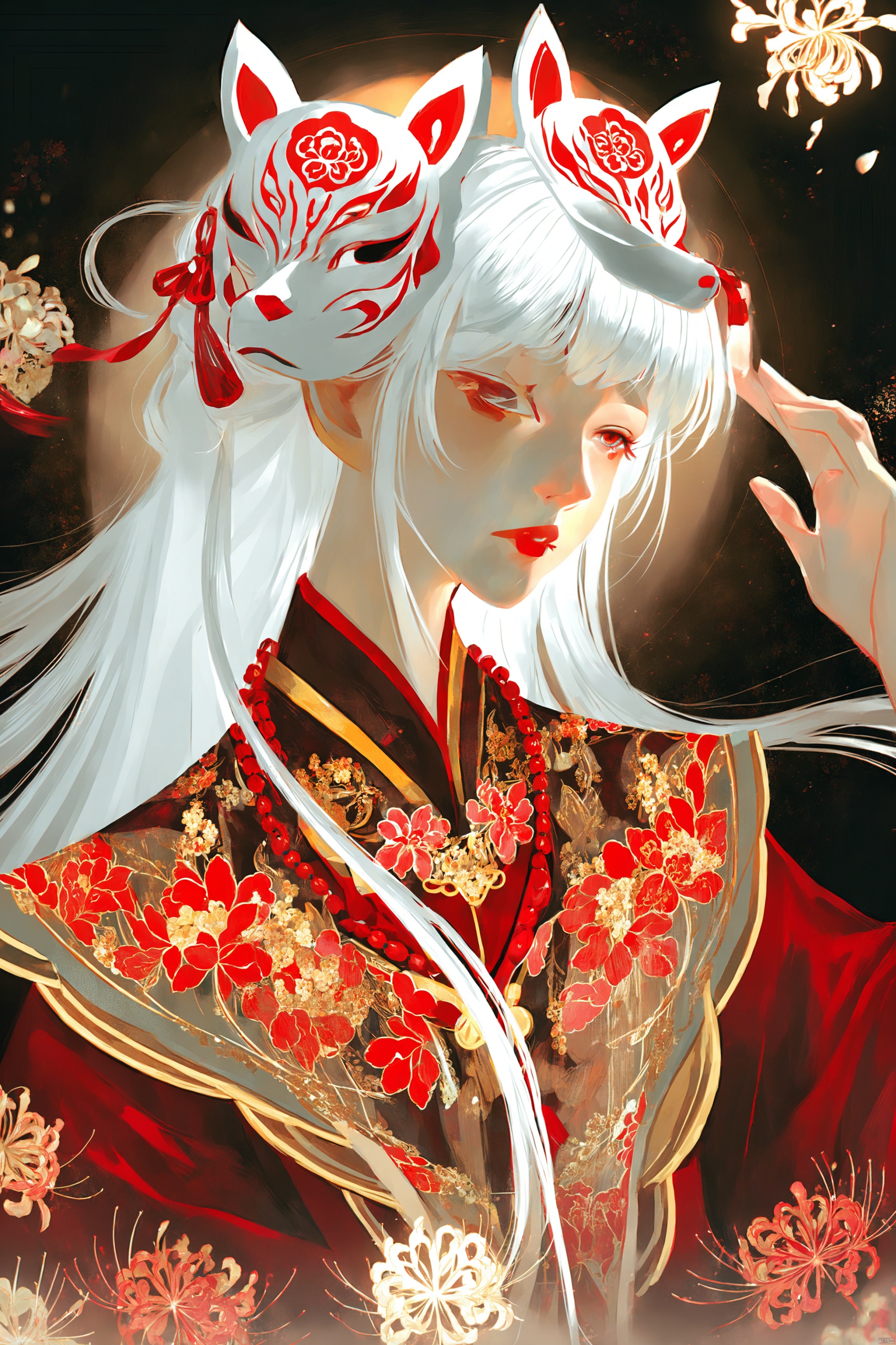  digital art illustration,高分辨率彩色数码照片描绘了一个宁静而空灵的女性形象,有着飘逸的白发和白皙的皮肤。她穿着豪华的中国传统服装,上面装饰着红色和金色的花朵图案。她的脸被两个带有复杂红色图案的狐狸面具部分覆盖,一个戴在头上,另一个用手拿着部分覆盖的脸。她的表情平静而神秘。背景是黑暗的,带有微妙的、发光的花卉元素,营造出梦幻般的超凡脱俗的氛围。光线柔和而漫射,可能模仿自然光。构图使用对称性和浅景深使背景柔和模糊。