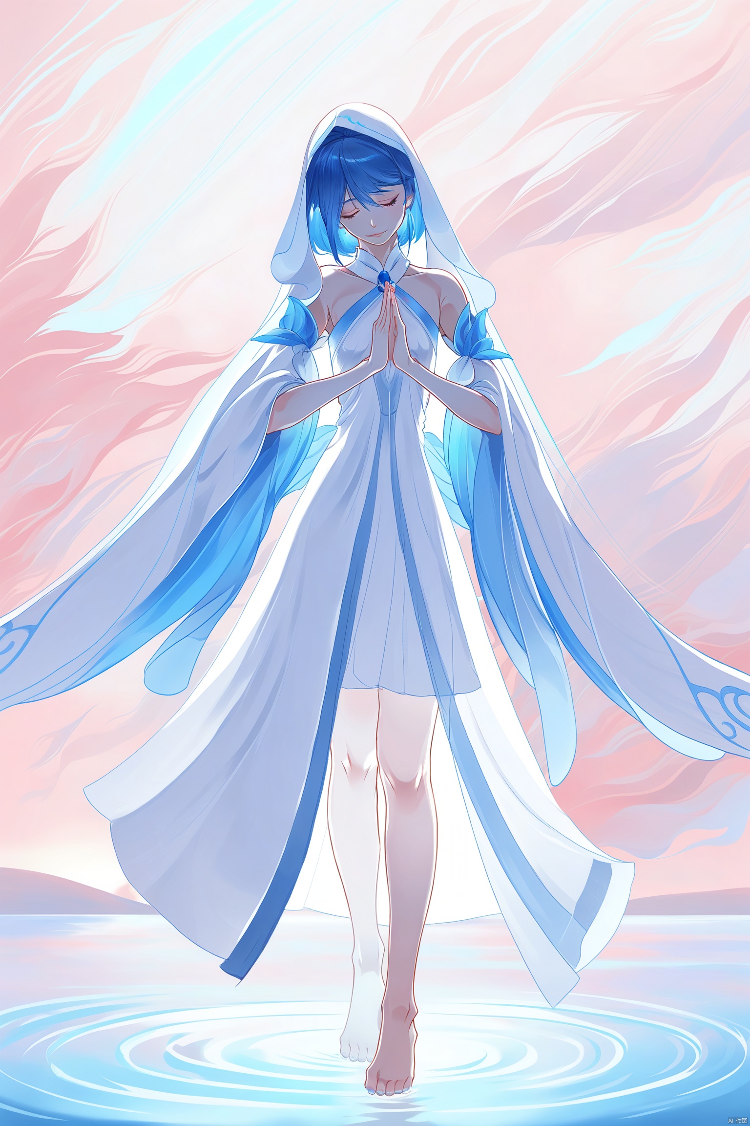 digital art illustration,Blue-haired anime character with a serene expression, wearing a flowing white dress with a blue cape, standing by the water under a soft pink sky, conveying a peaceful and mystical atmosphere.,
