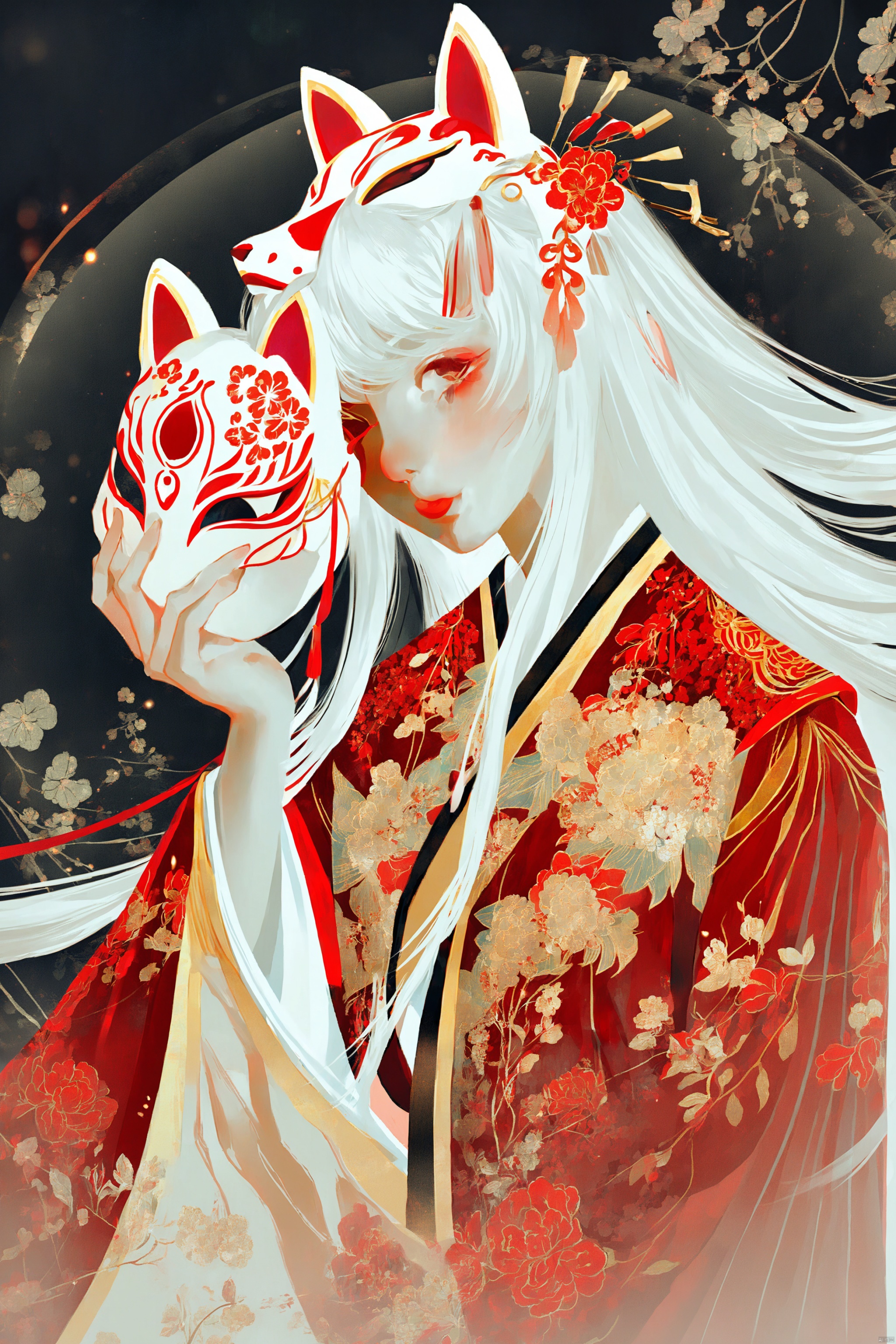  digital art illustration,高分辨率彩色数码照片描绘了一个宁静而空灵的女性形象,有着飘逸的白发和白皙的皮肤。她穿着豪华的中国传统服装,上面装饰着红色和金色的花朵图案。她的脸被两个带有复杂红色图案的狐狸面具部分覆盖,一个戴在头上,另一个用手拿着部分覆盖的脸。她的表情平静而神秘。背景是黑暗的,带有微妙的、发光的花卉元素,营造出梦幻般的超凡脱俗的氛围。光线柔和而漫射,可能模仿自然光。构图使用对称性和浅景深使背景柔和模糊。
