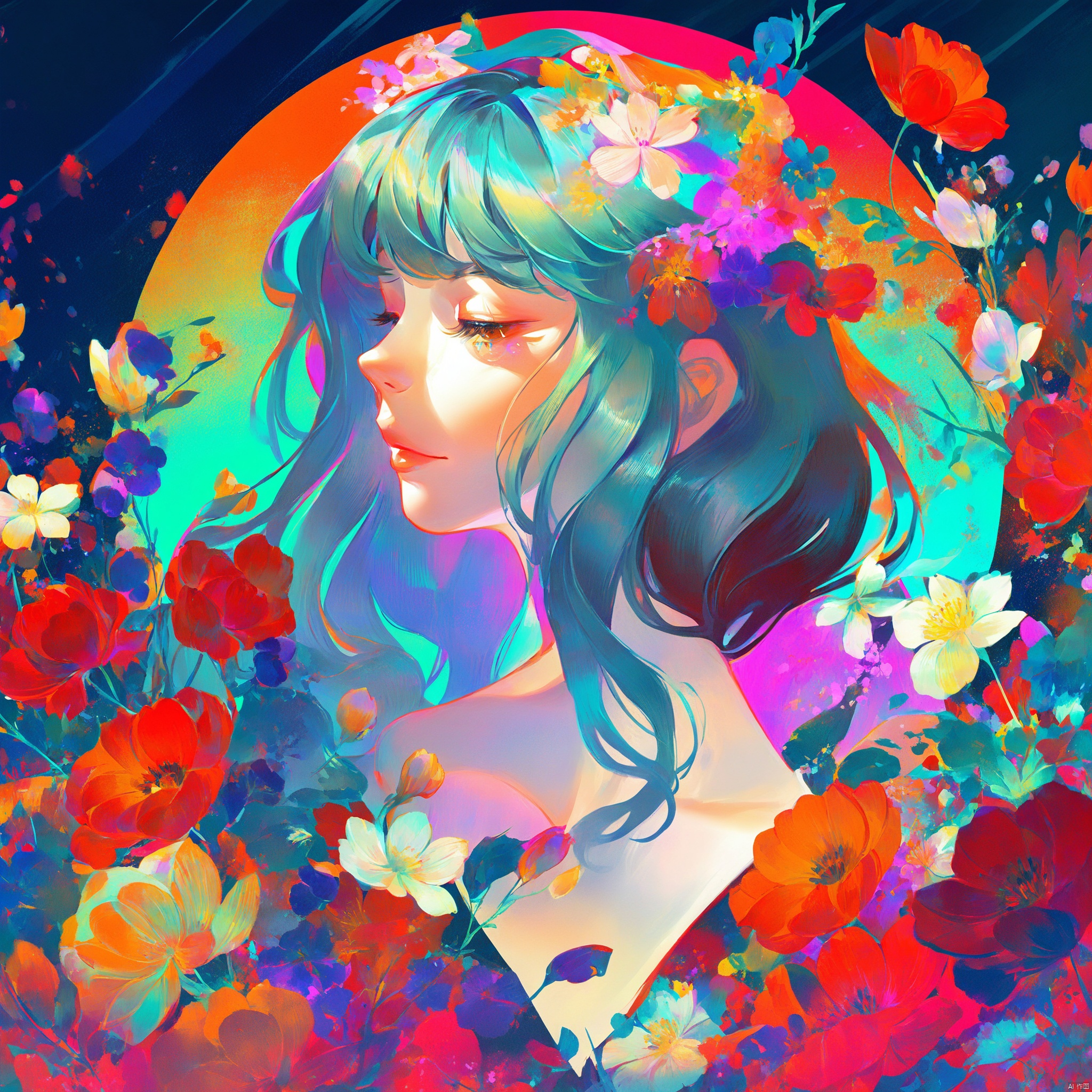 digital art illustration,数字艺术插画,女孩半身像,花朵环绕,分型艺术,炫彩,丰富颜色,
