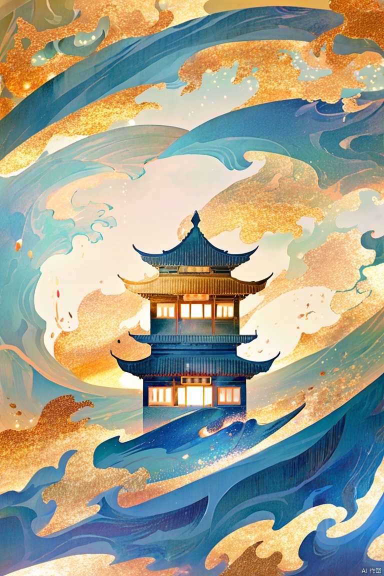  digital art illustration,微距摄影,五颜六色的流沙,金粉闪闪,充满流体质感,整体五彩斑斓,梦幻色调,柔和色彩,俯视角度,水纹清晰。在波浪之间竖起一座剪纸做的中式楼阁。