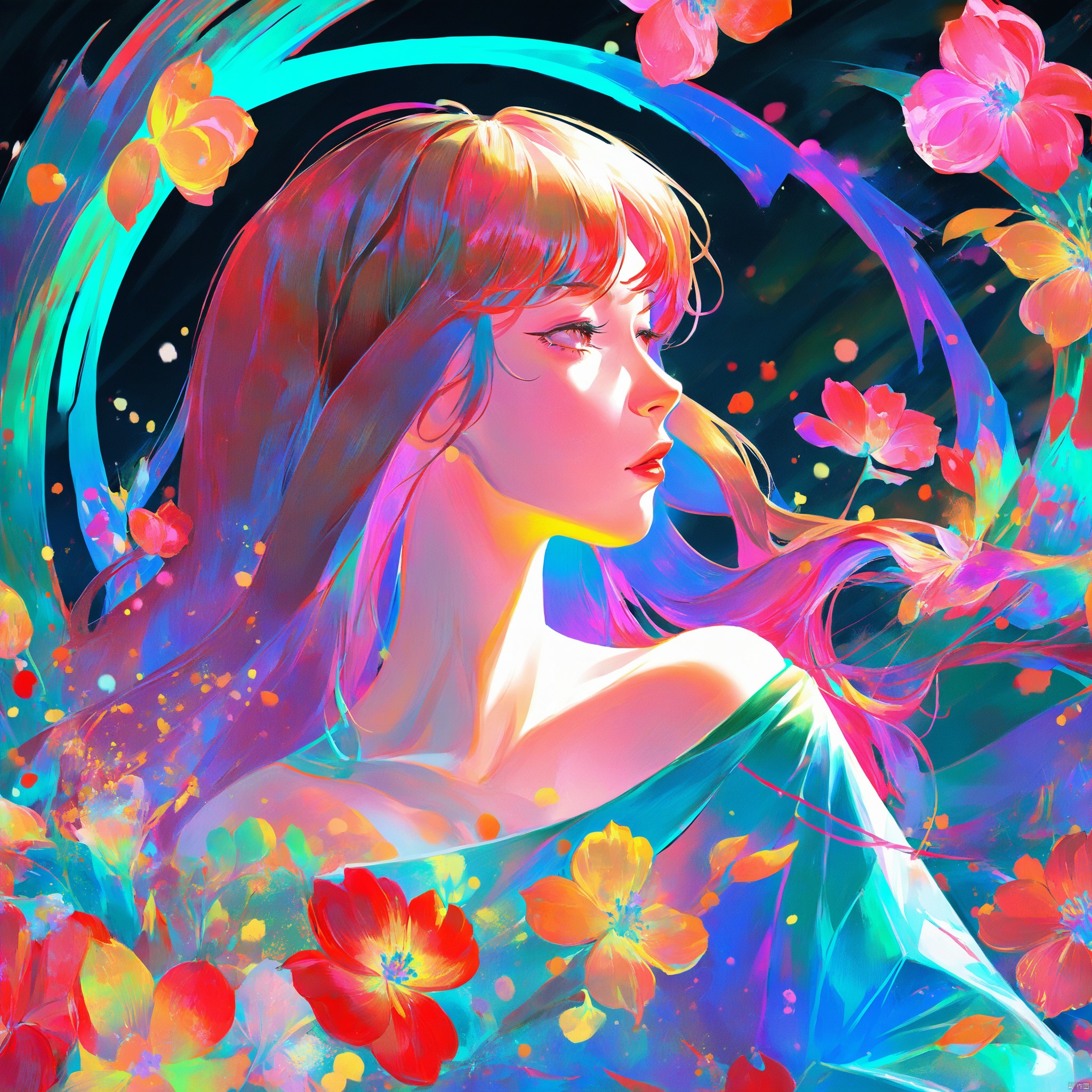  digital art illustration,数字艺术插画,女孩半身像,花朵环绕,分型艺术,炫彩,丰富颜色,