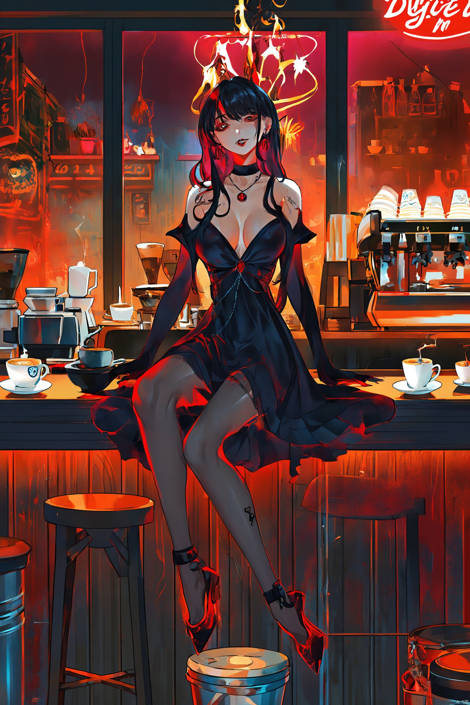  digital art illustration,迷人妩媚又带有危险气息的女生坐在咖啡店里